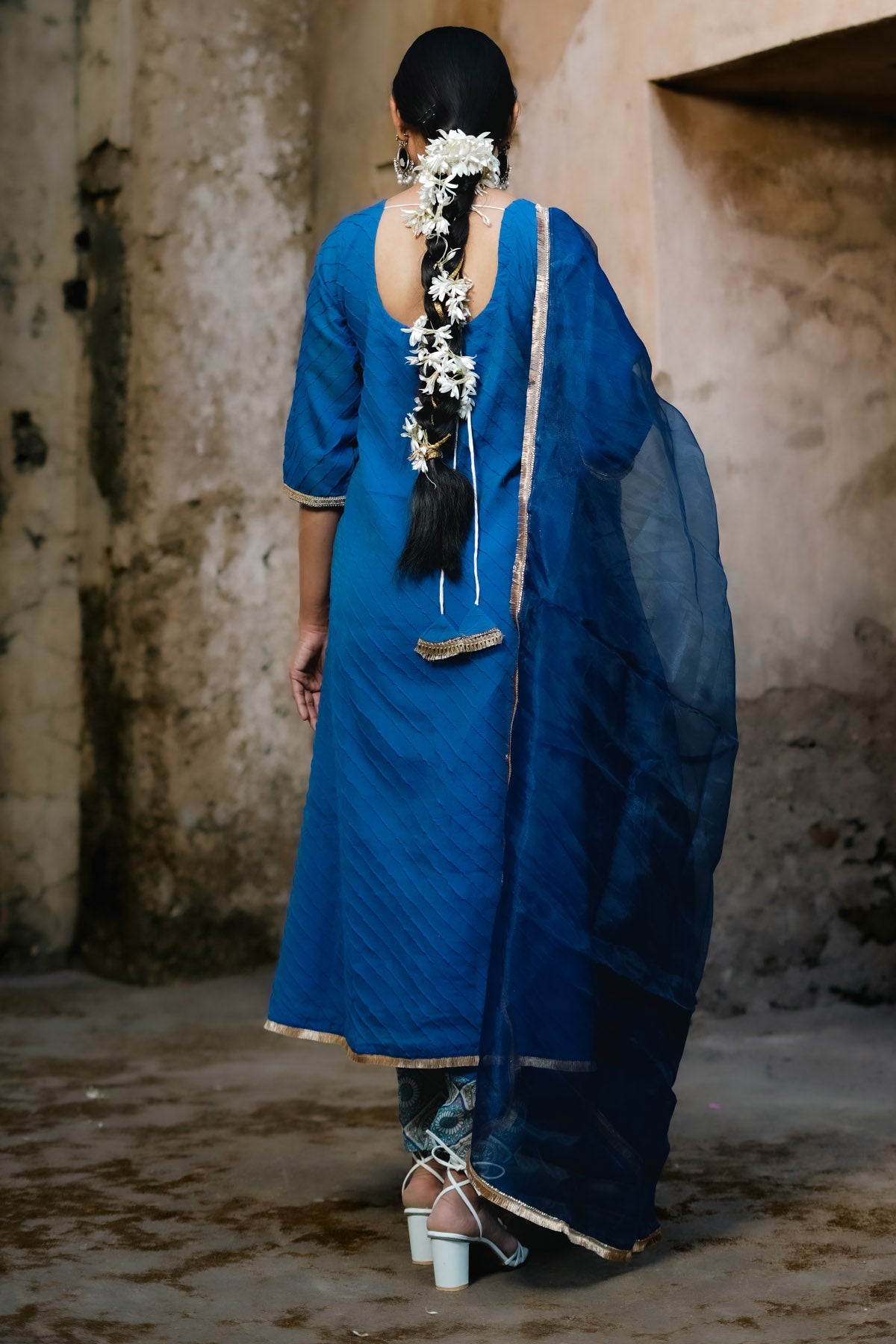 Blue Chanderi Pintuck Kurta Set