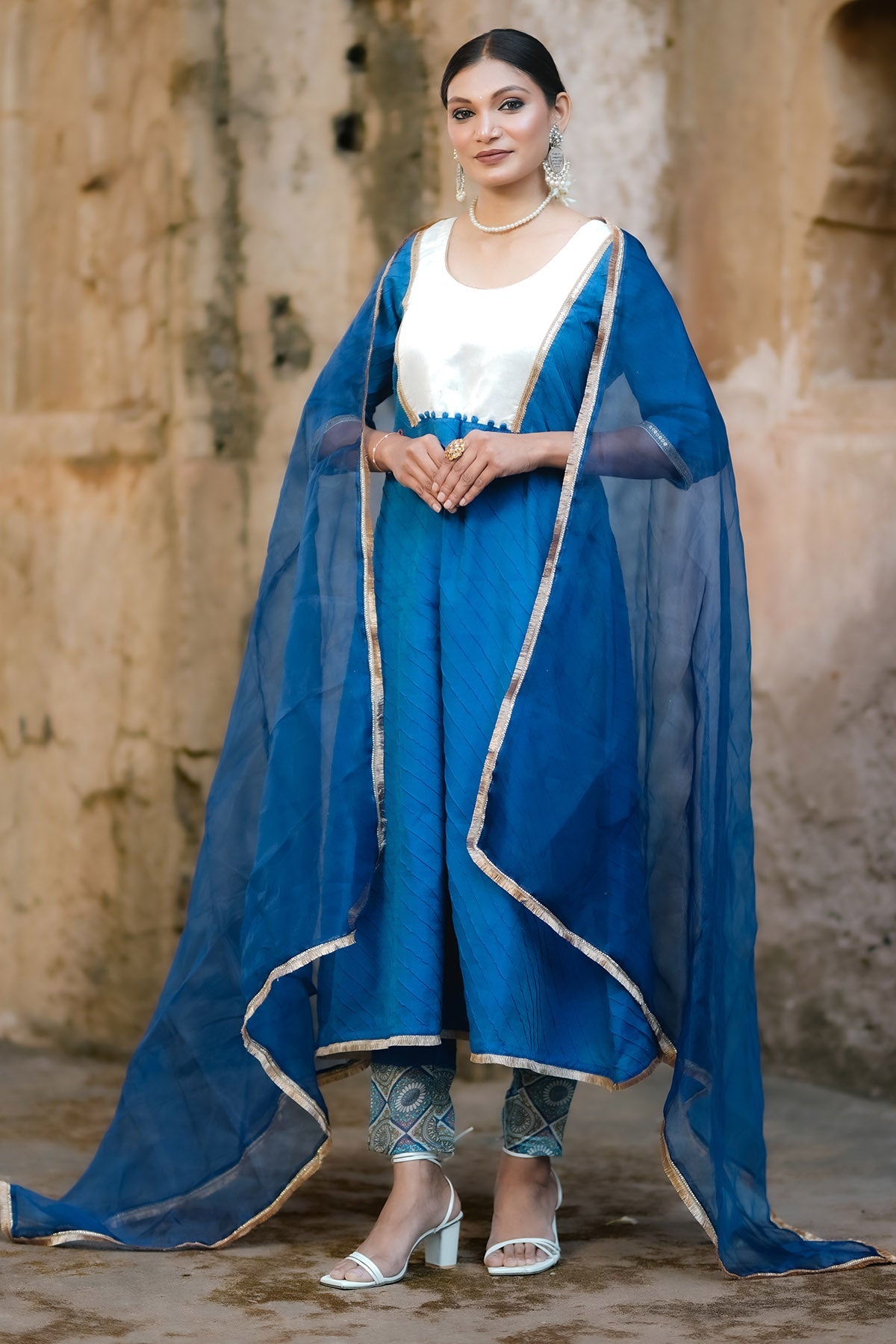 Buy Blue Chanderi Pintuck Kurta Set for women by Charu Bhaskar online available at scrollnshops