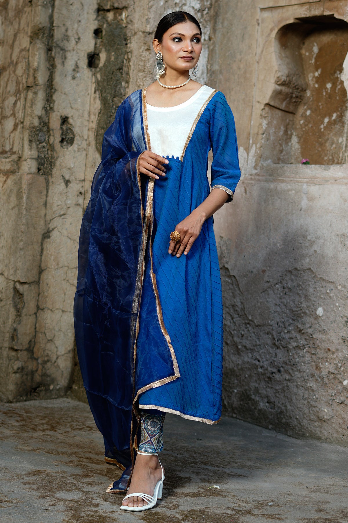 Blue Chanderi Pintuck Kurta Set