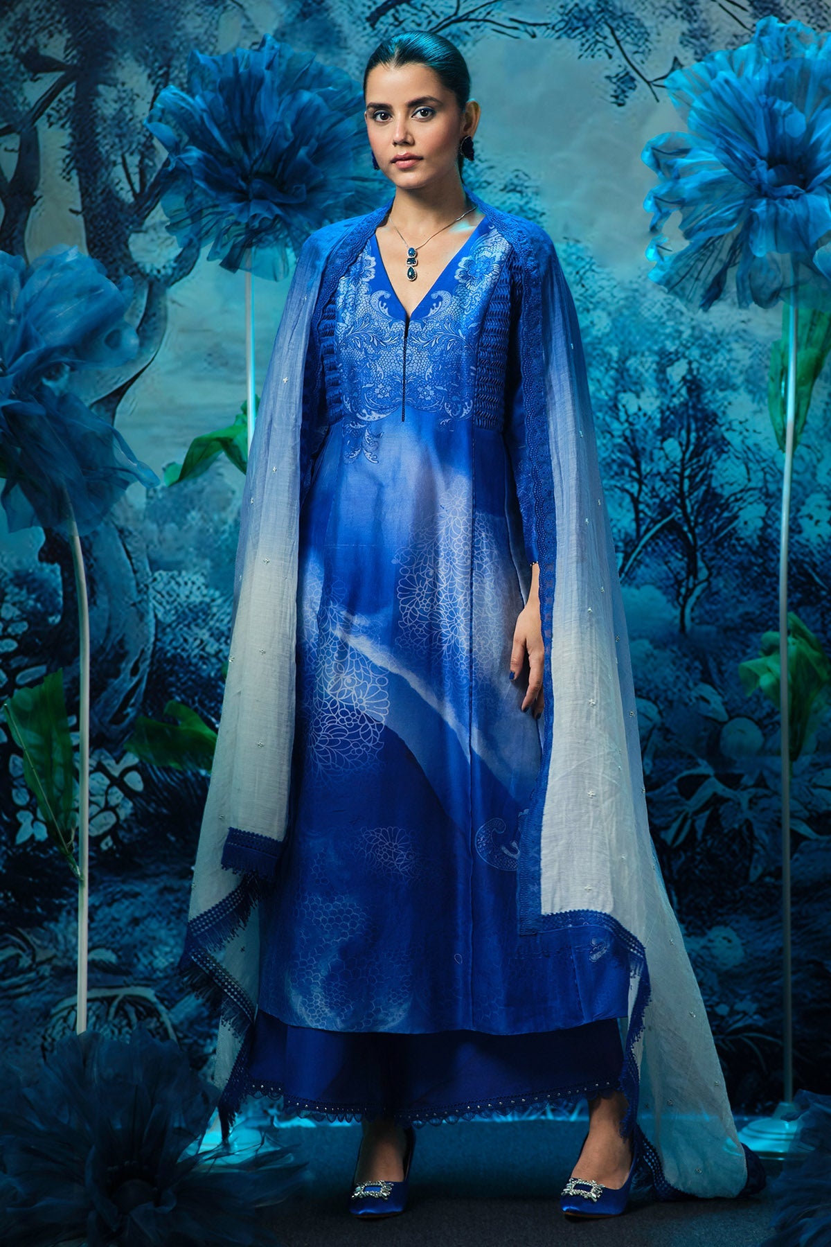 Buy Blue Chanderi Print Anarkali Set by Mandira Wirk for women online at ScrollnShops