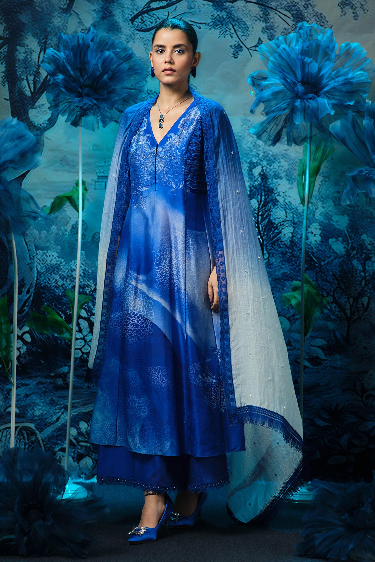 Blue Chanderi Print Anarkali Set