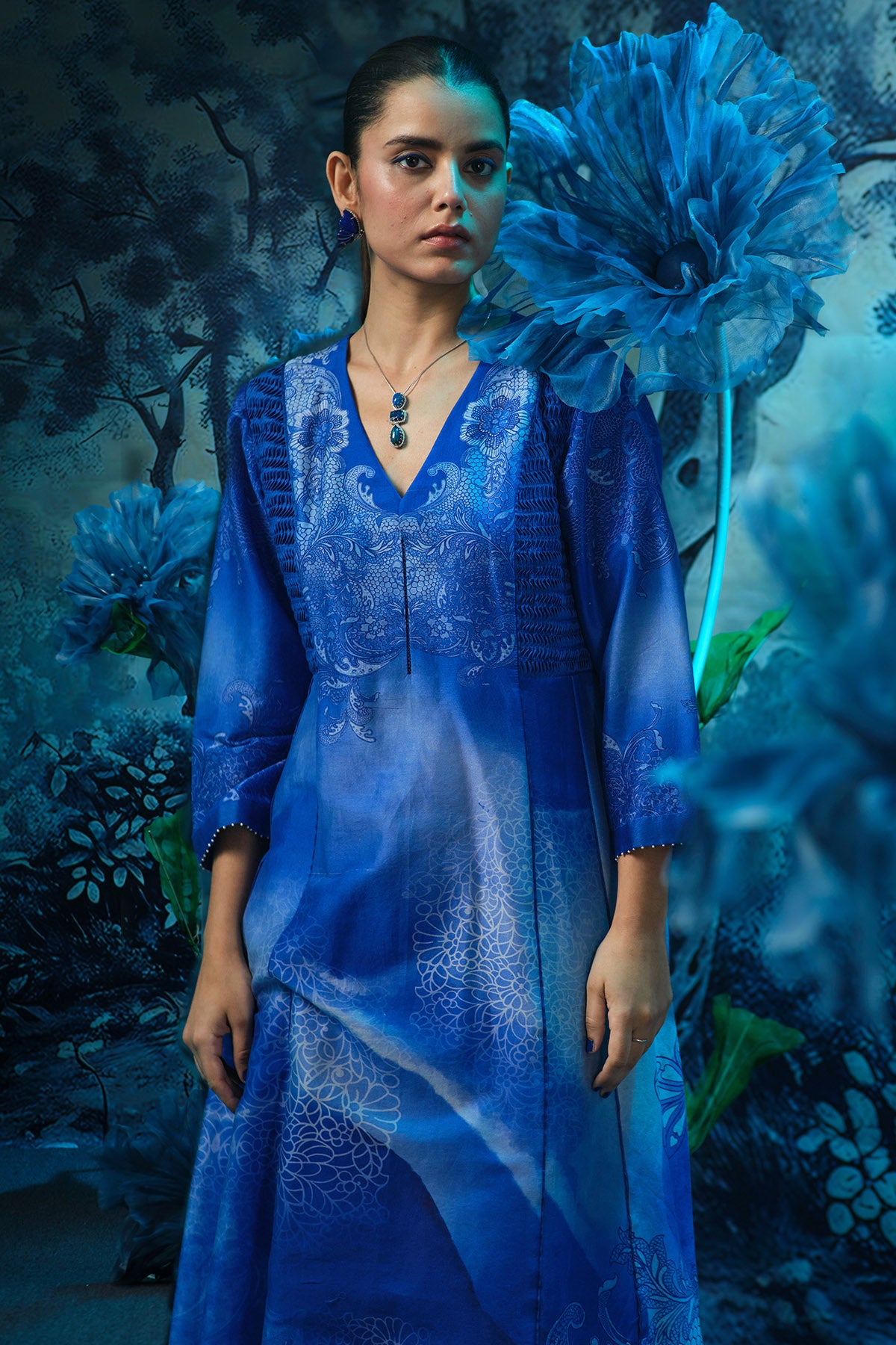 Blue Chanderi Print Anarkali Set