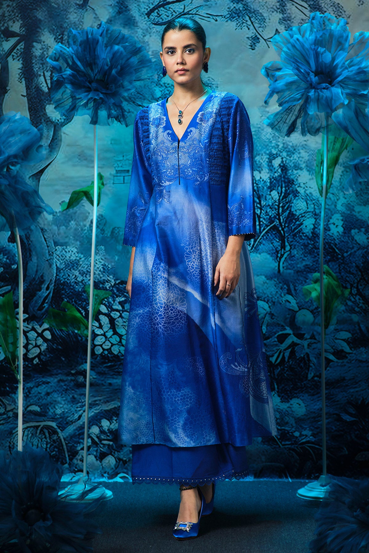 Blue Chanderi Print Anarkali Set