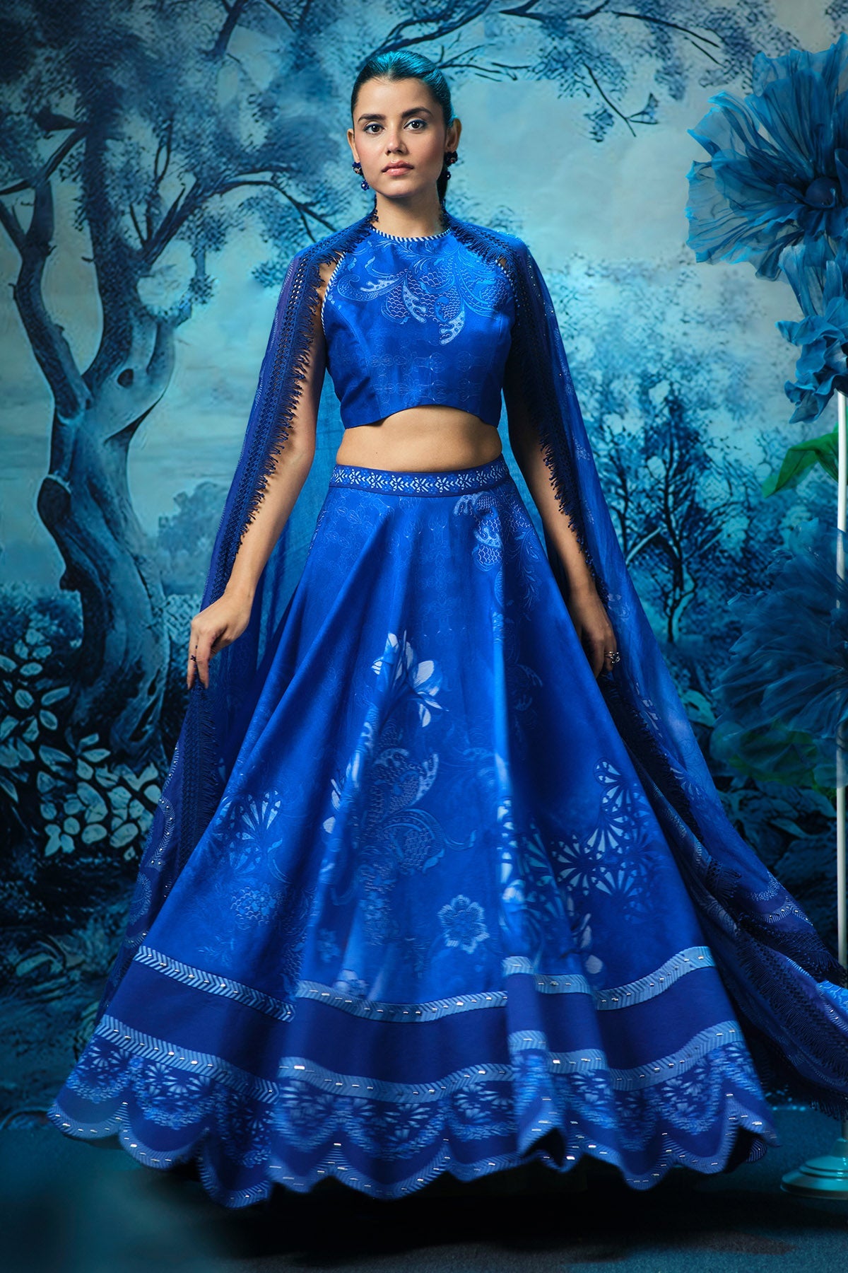 Buy Blue Chanderi Print Lehenga Set by Mandira Wirk for women online at ScrollnShops