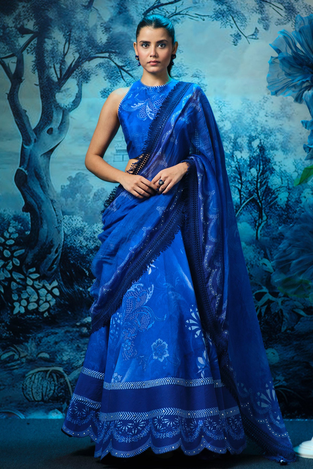 Blue Chanderi Print Lehenga Set