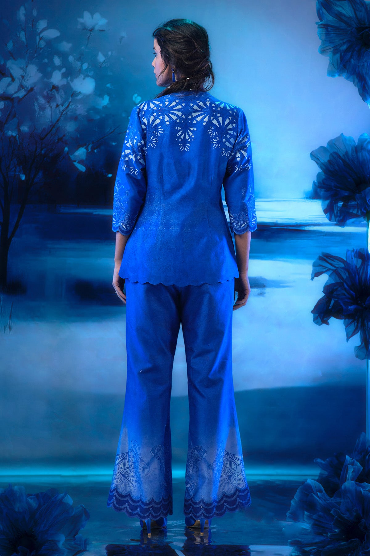 Blue Chanderi Printed Jacket Set