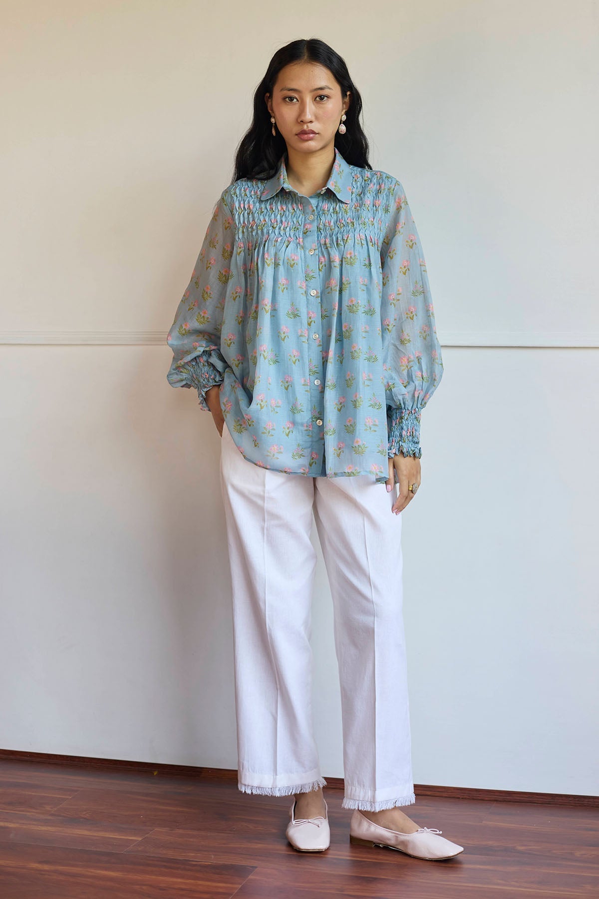 Buy Blue Chanderi Relaxed Fit Shirt by Juanita by Shubhda for women online at ScrollnShops