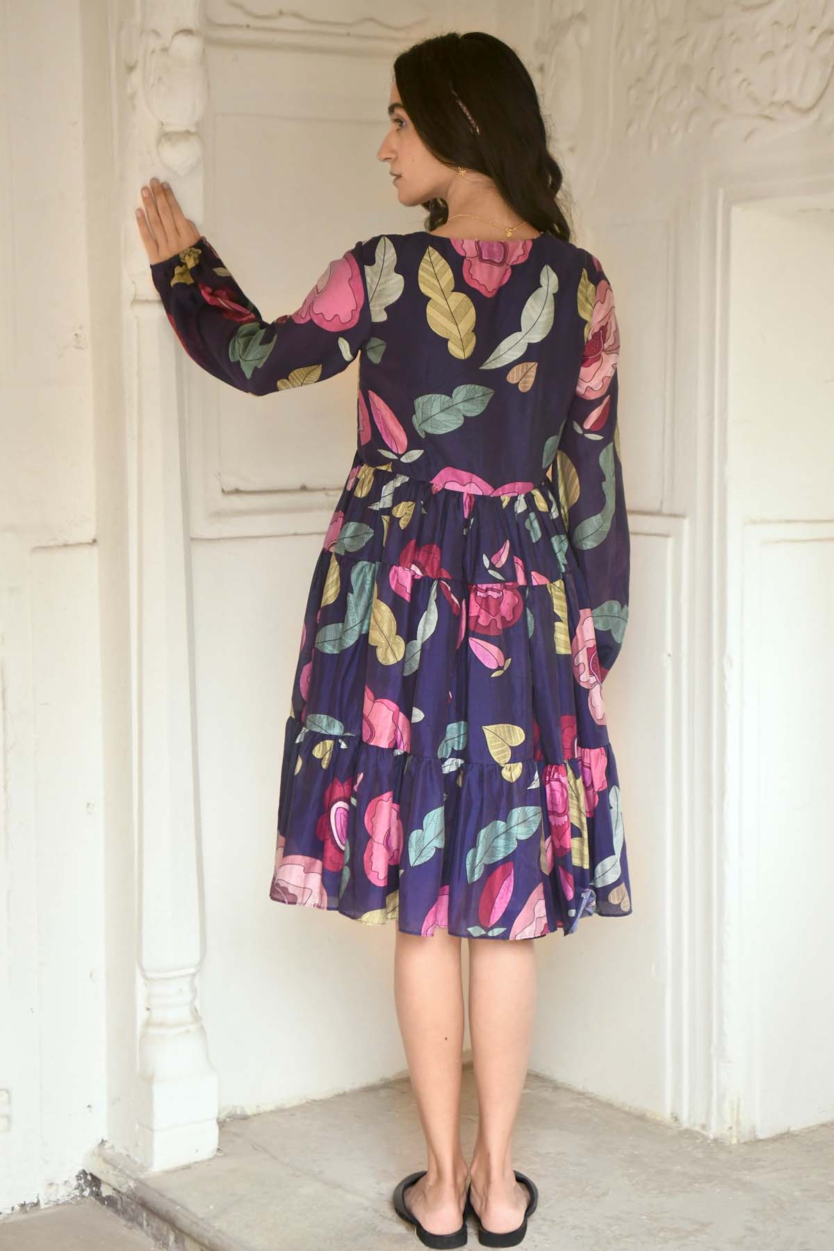 Blue Chanderi Silk Print Dress