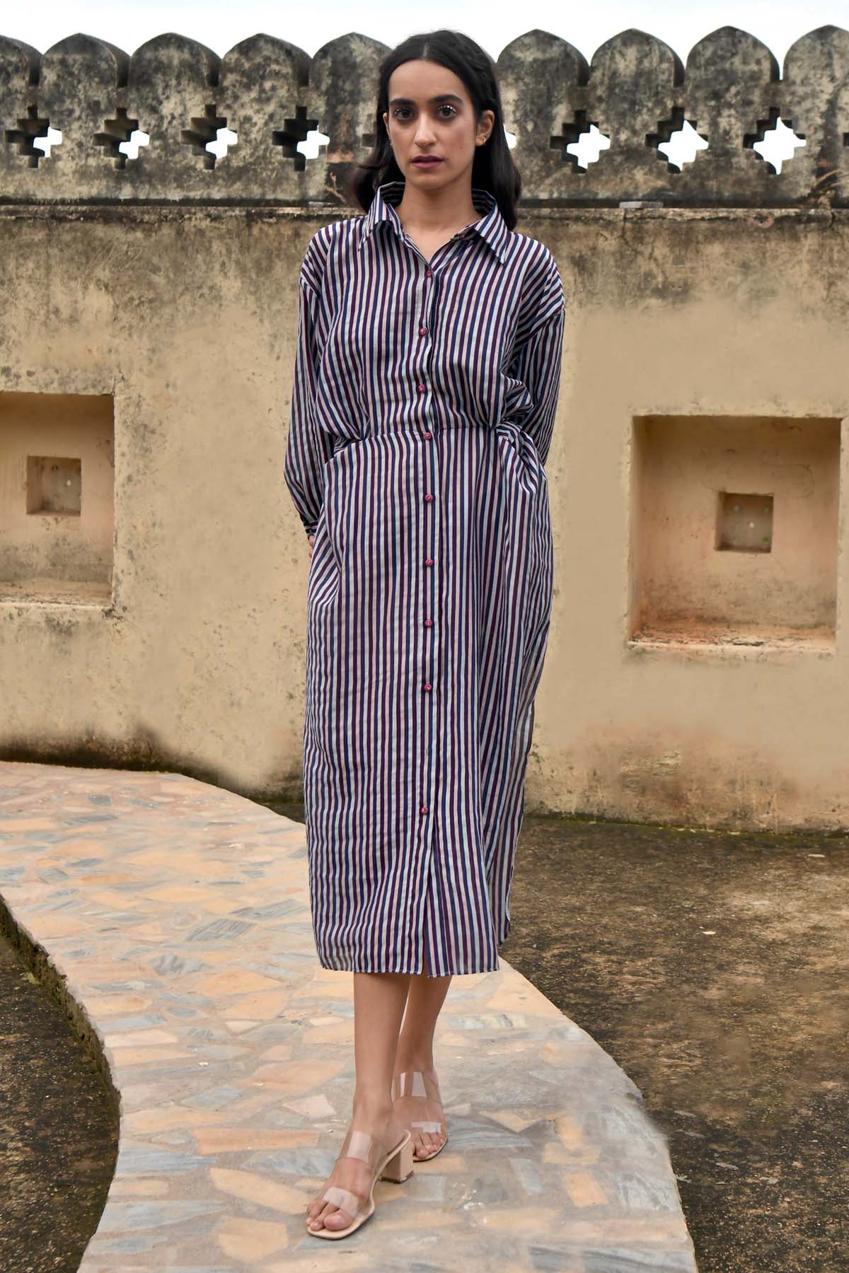 Taro India Blue Chanderi Silk Stripes Dress for women online at ScrollnShops