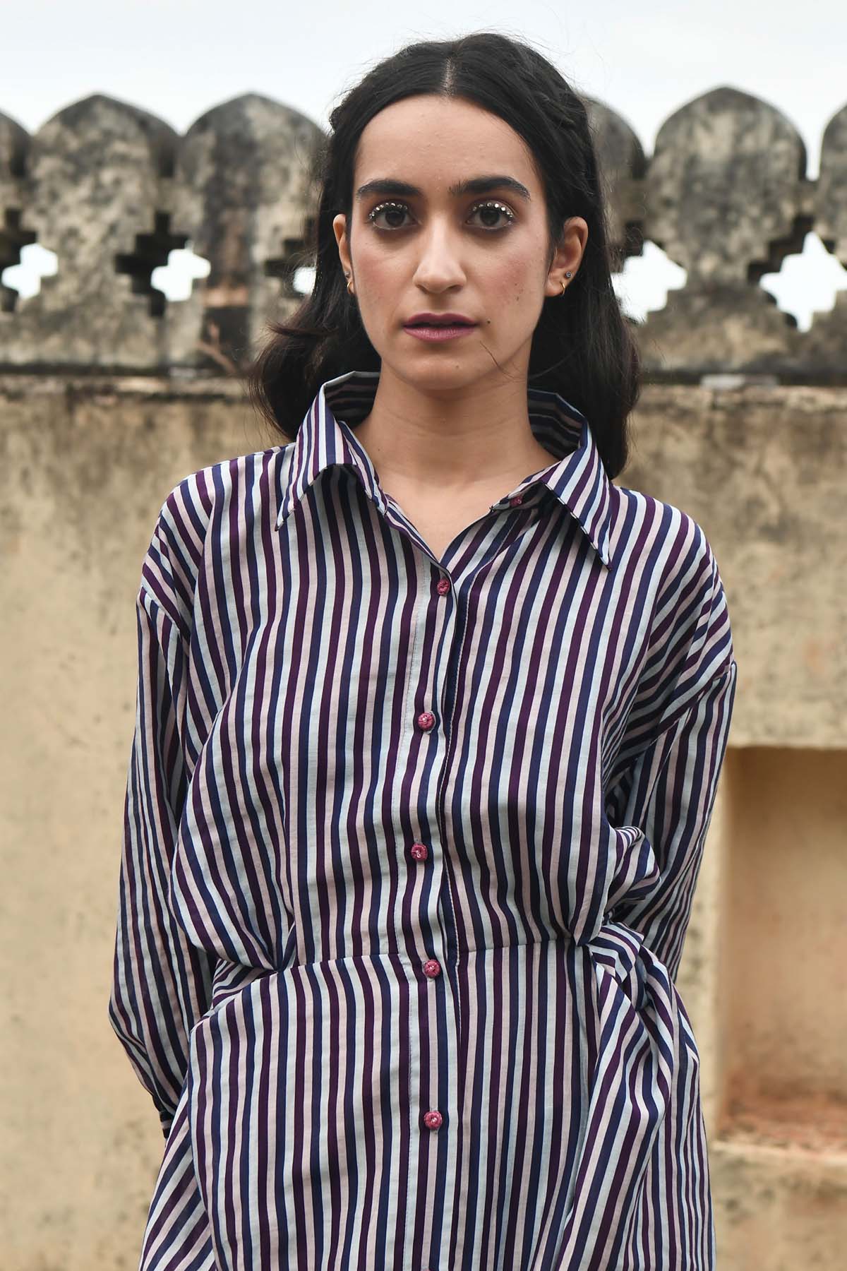 Blue Chanderi Silk Stripes Dress