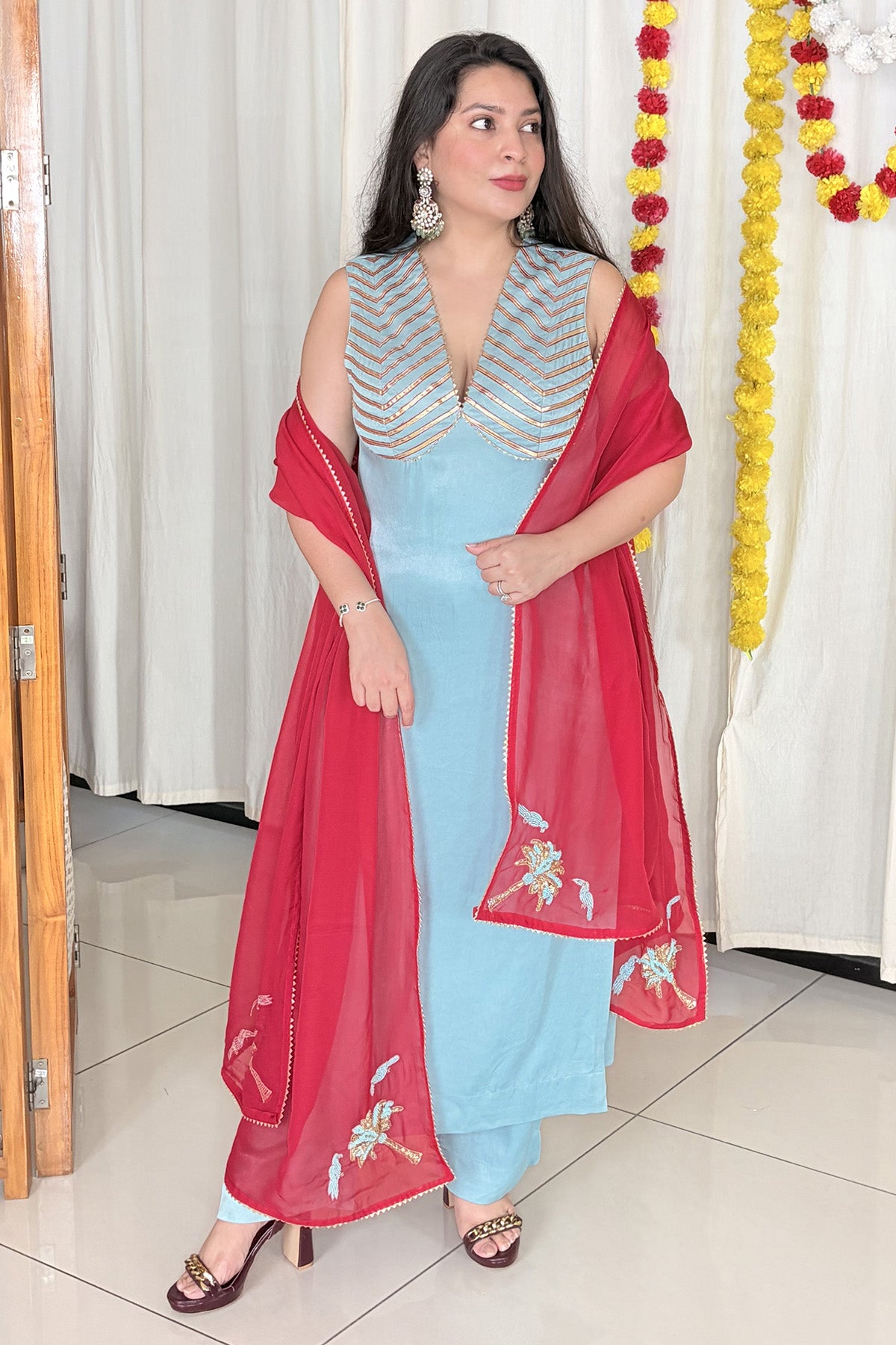 Blue Chevron Pattern Kurta Set