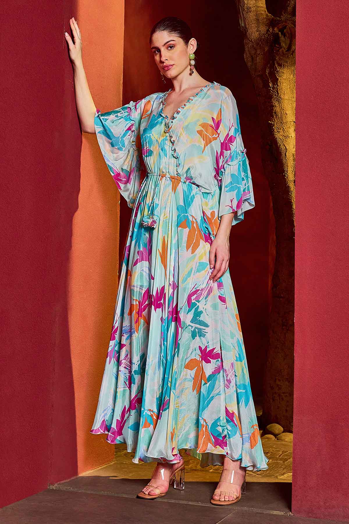 Buy Blue Chiffon Asymmetric Kaftan by Mandira Wirk