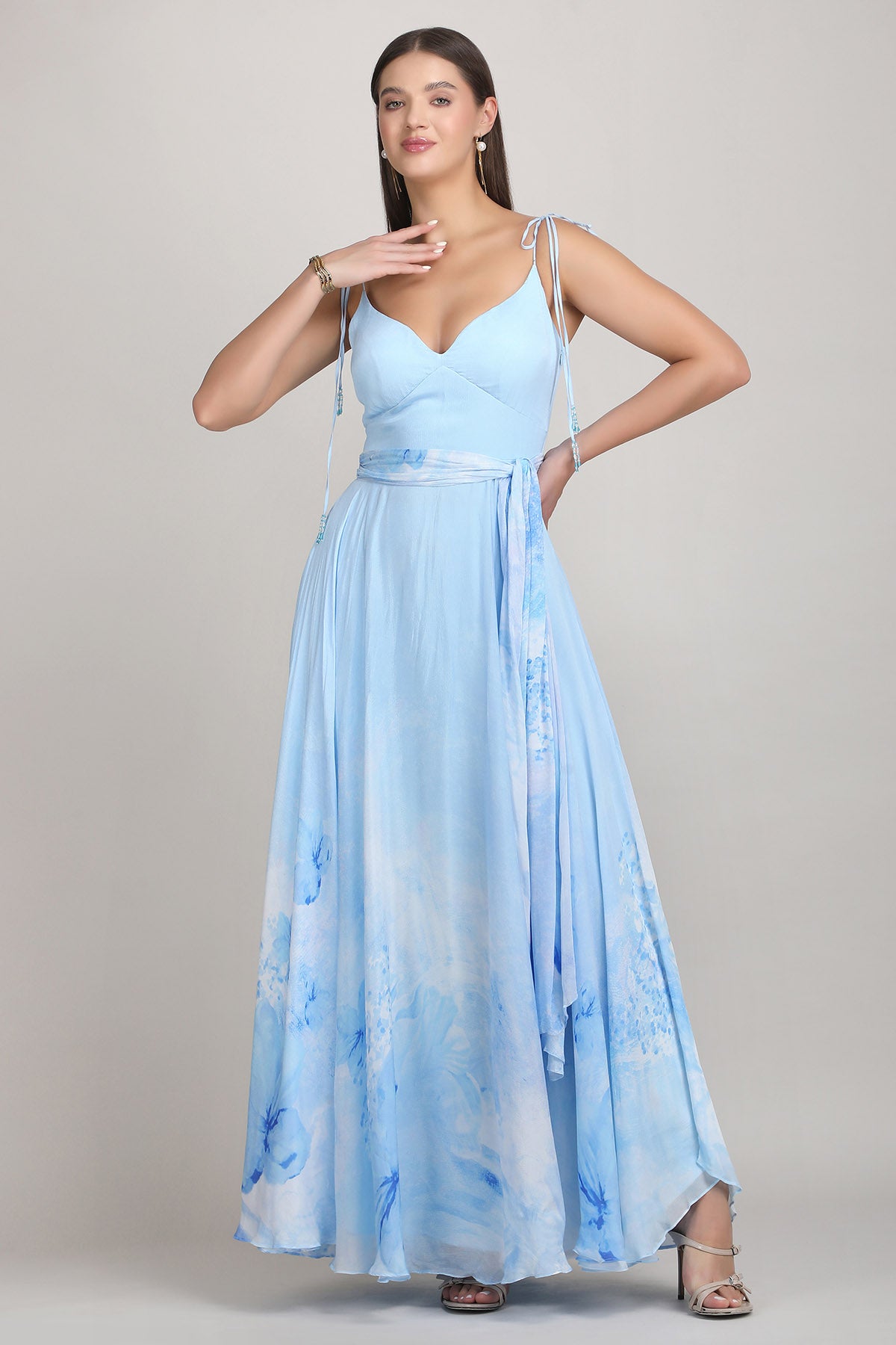 Blue Chiffon Embroidery Dress