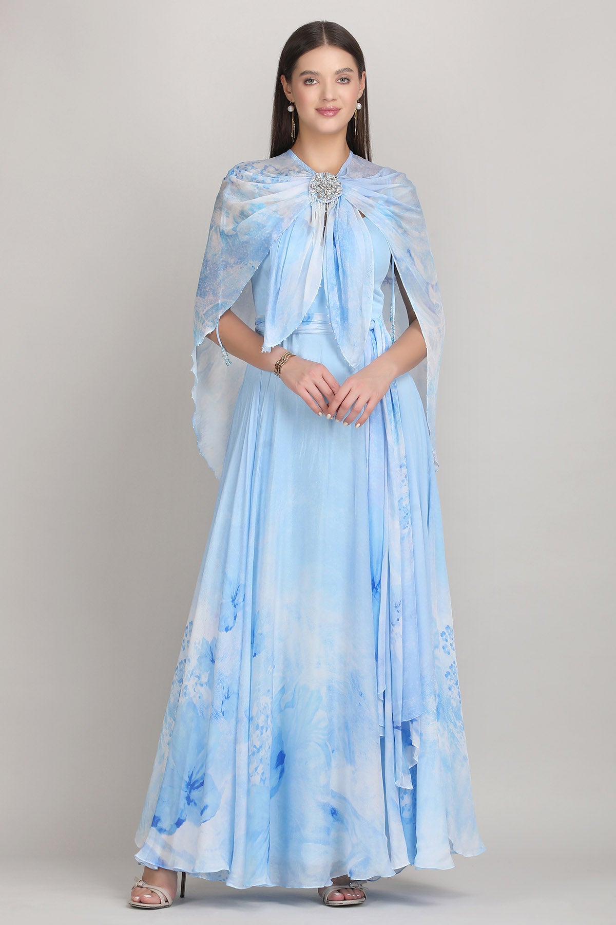 Blue Chiffon Embroidery Dress