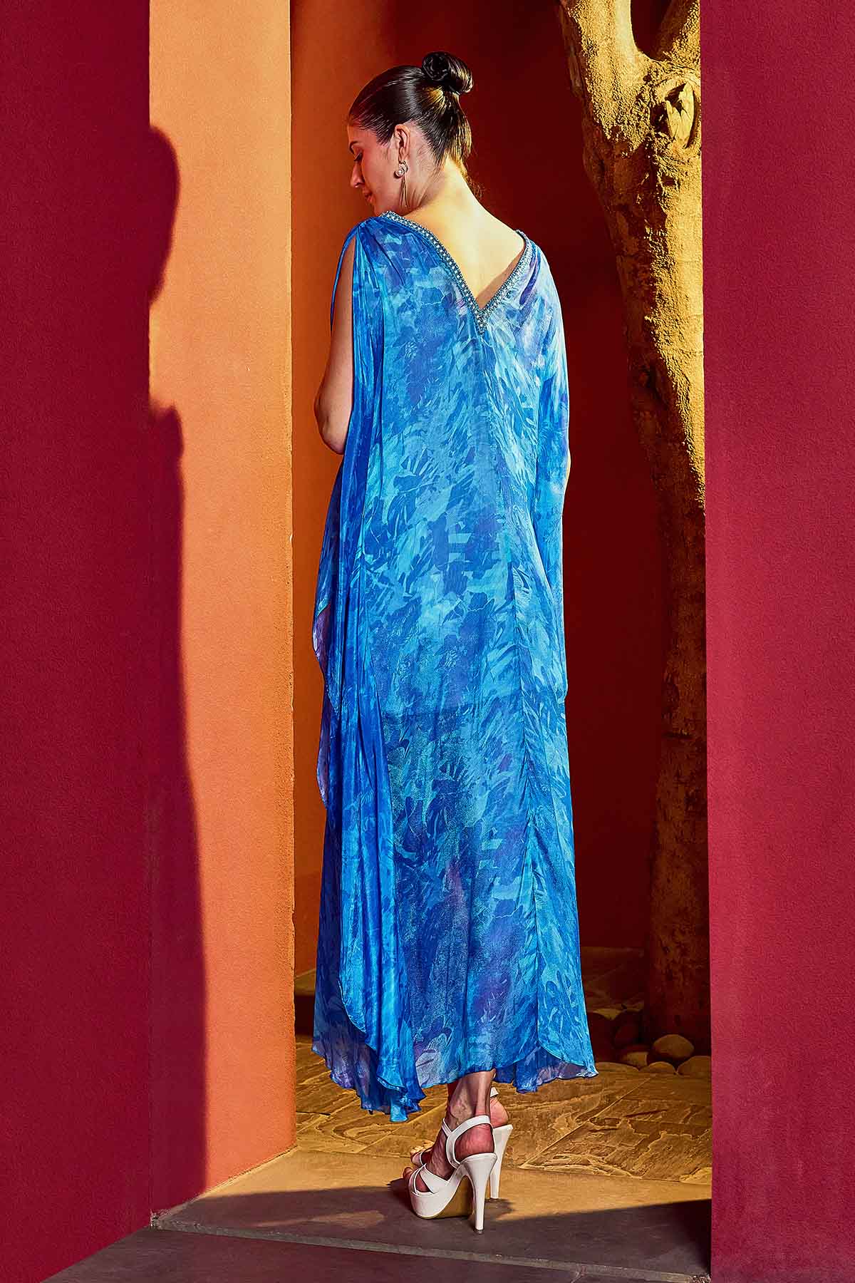 Blue Chiffon Leaf Print Kaftan