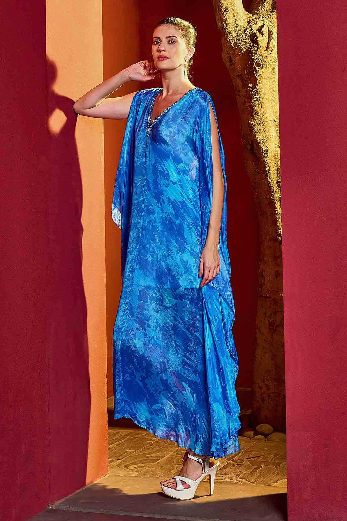 Blue Chiffon Leaf Print Kaftan