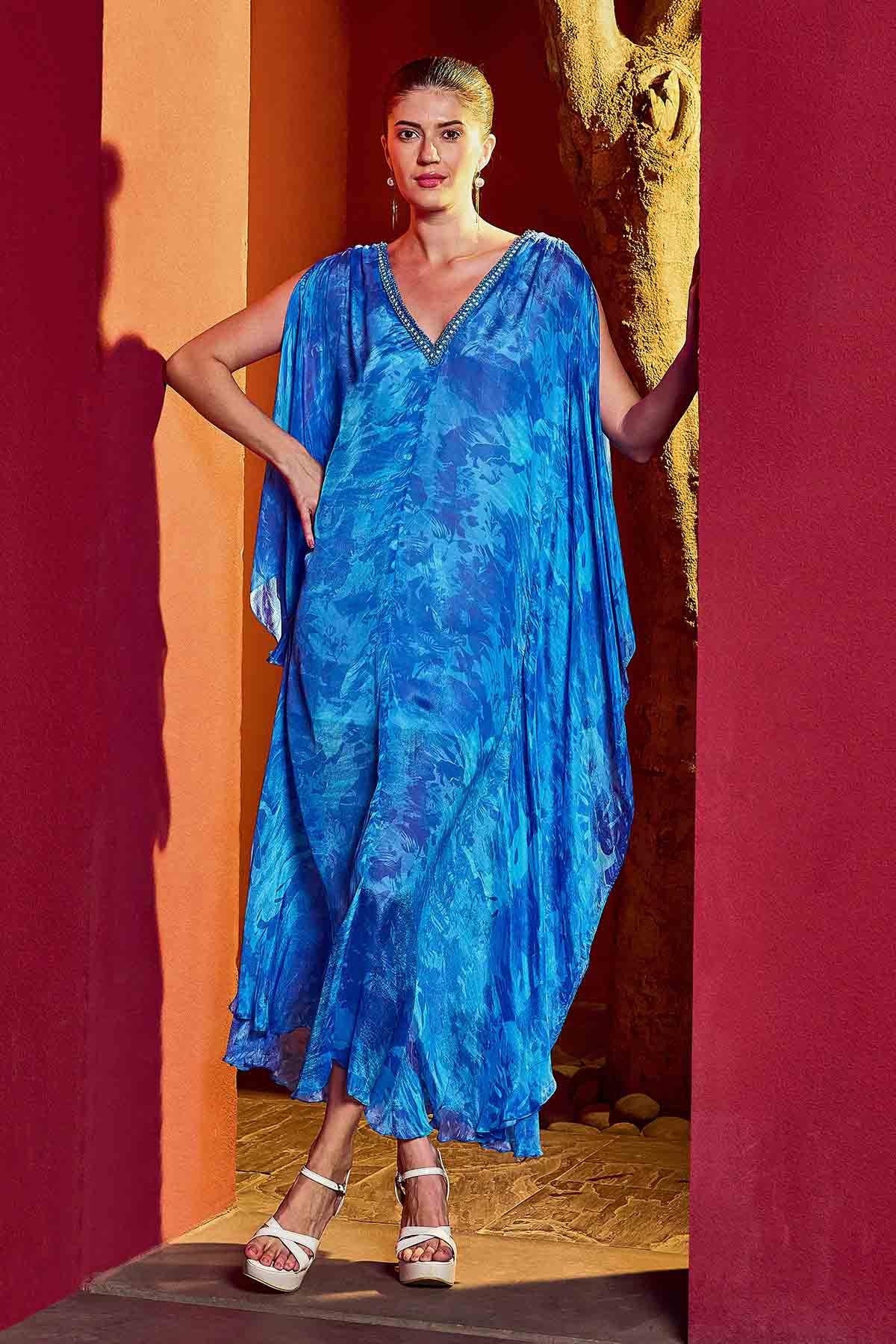 Buy Blue Chiffon Leaf Print Kaftan by Mandira Wirk