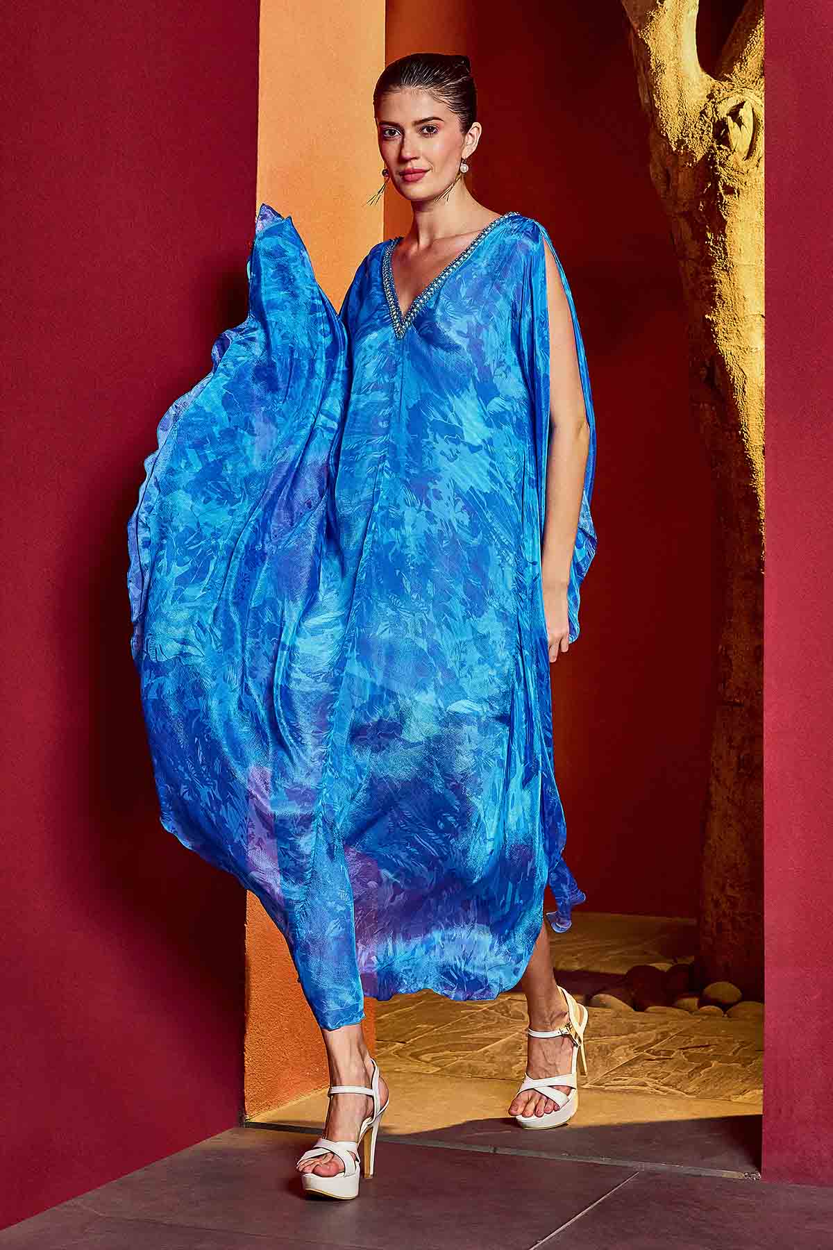 Blue Chiffon Leaf Print Kaftan