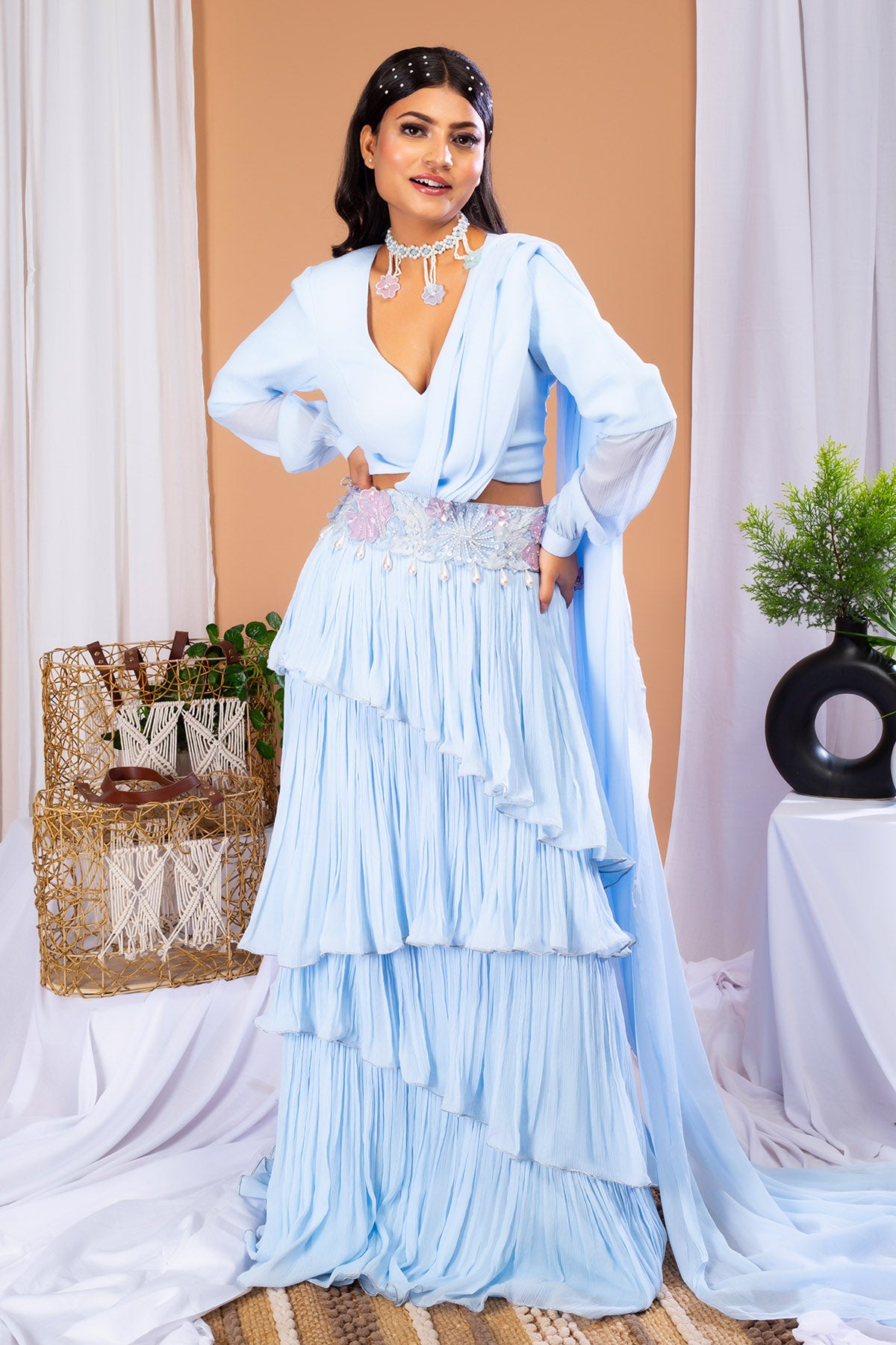 Blue Chiffon Ruffle Skirt Set