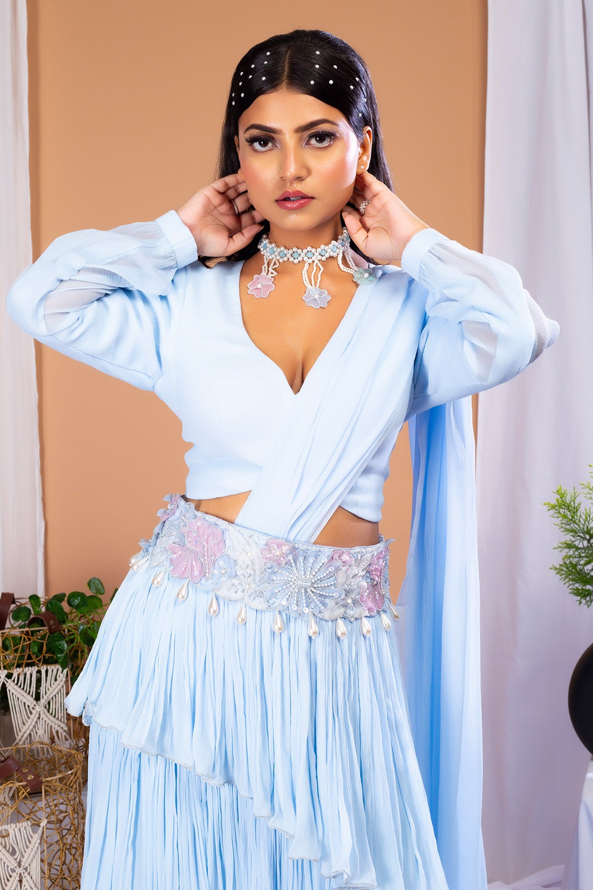 Blue Chiffon Ruffle Skirt Set