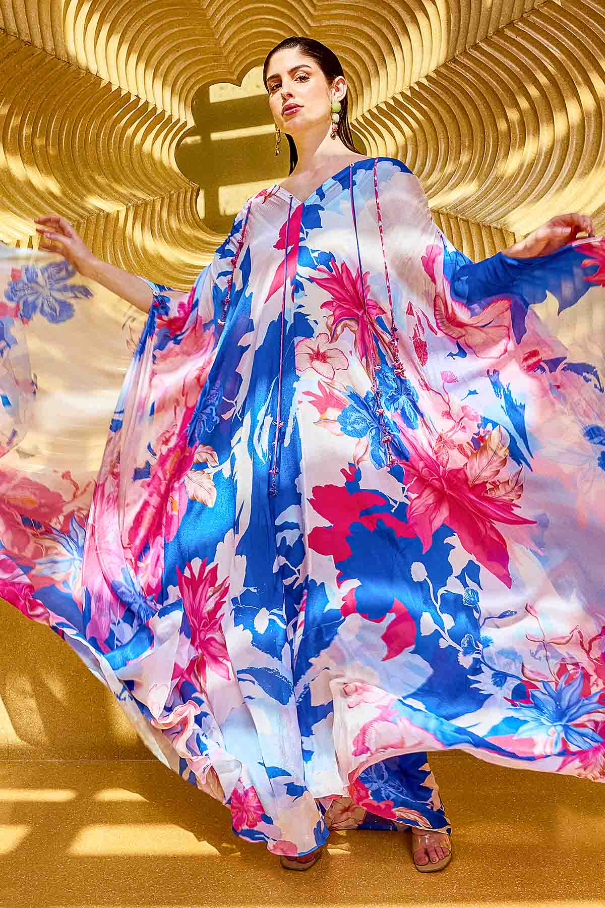 Blue Chiffon V-Neck Flowy Kaftan