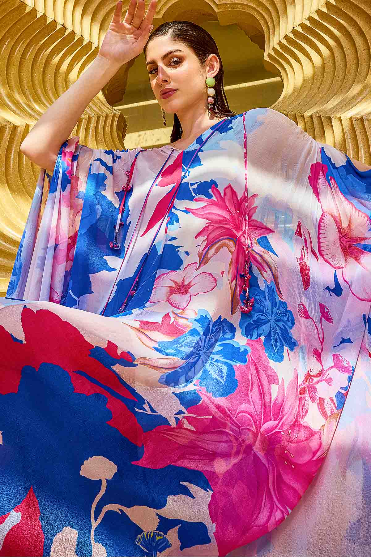 Blue Chiffon V-Neck Flowy Kaftan