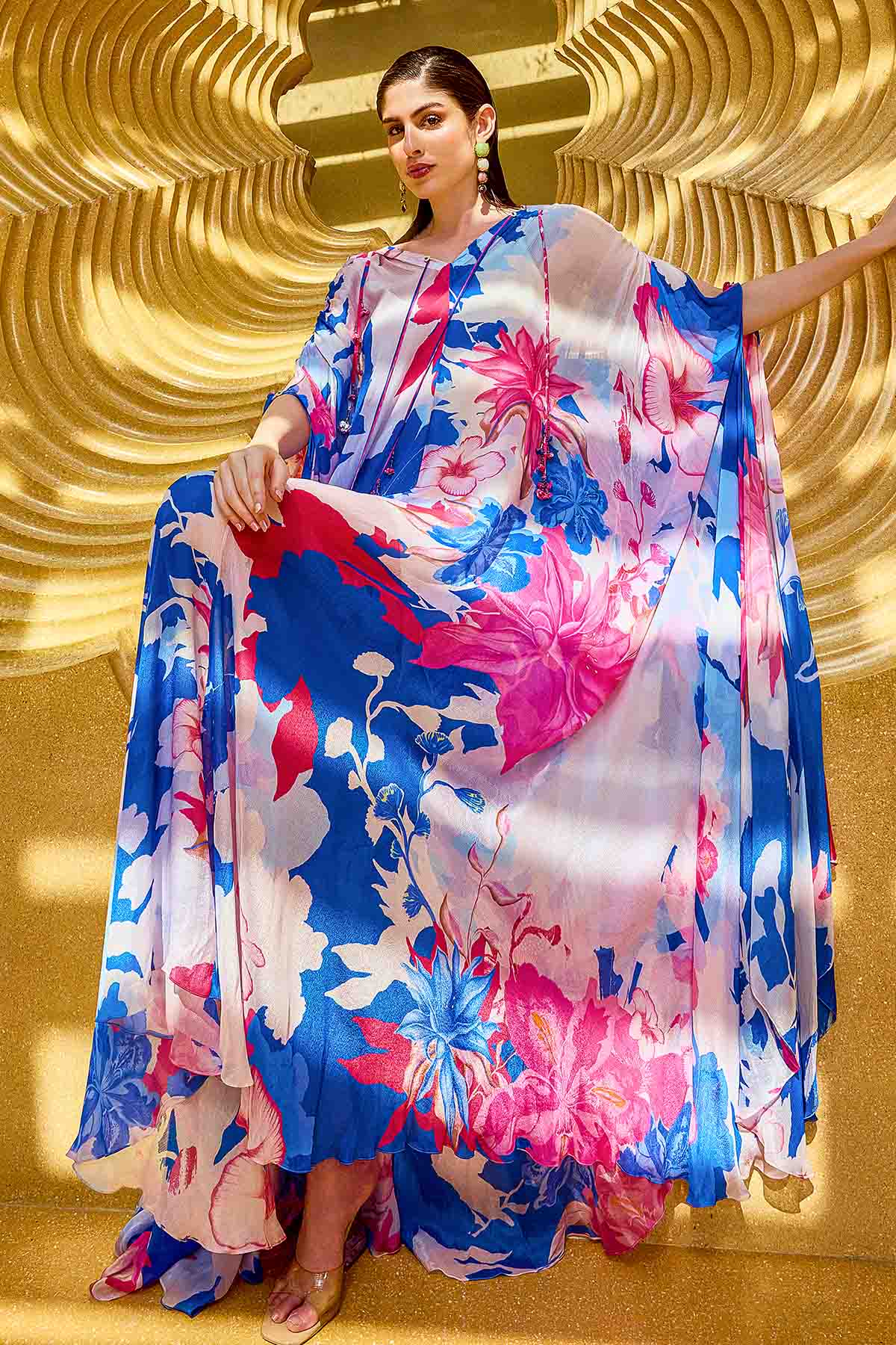 Buy Blue Chiffon V-Neck Flowy Kaftan by Mandira Wirk