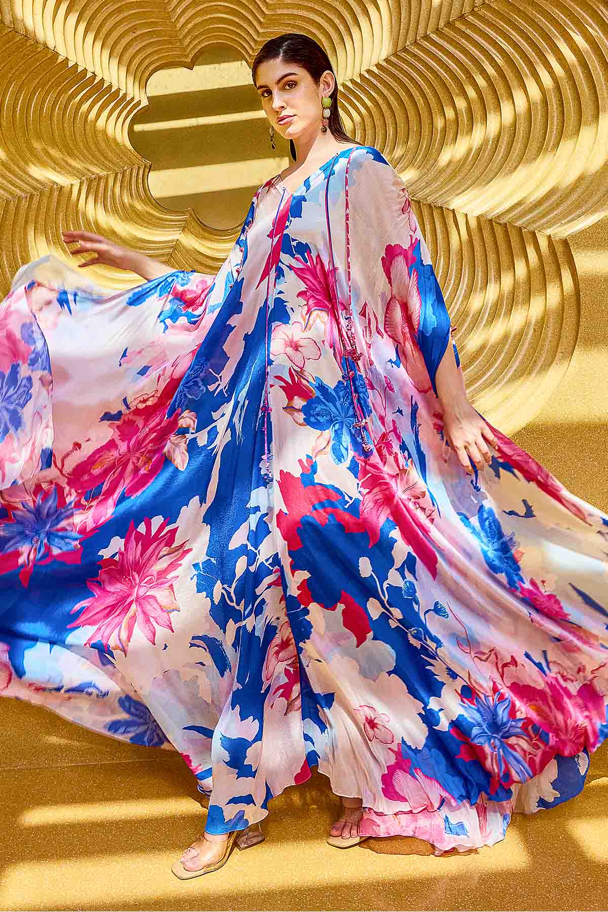 Blue Chiffon V-Neck Flowy Kaftan