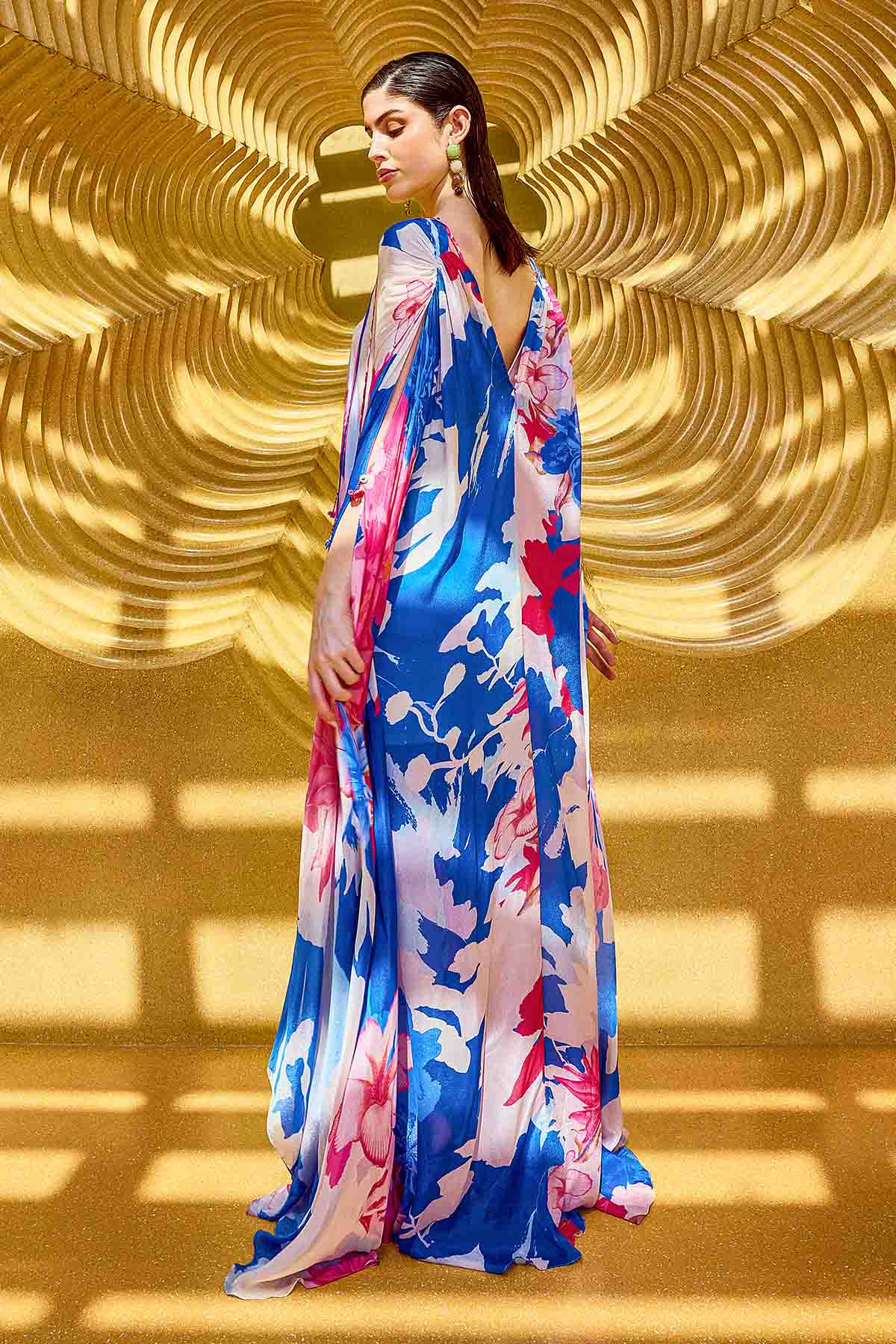 Blue Chiffon V-Neck Flowy Kaftan