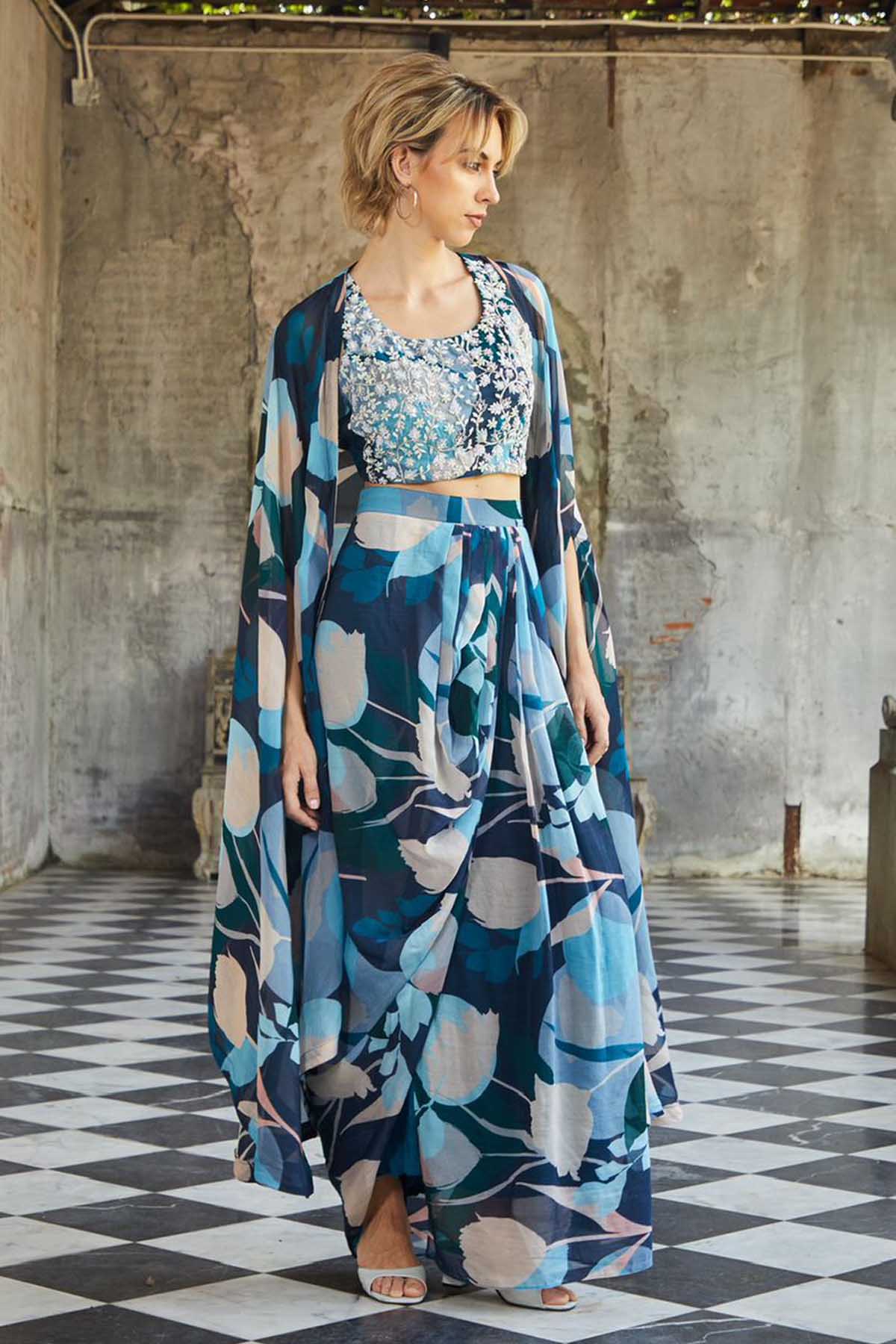 Blue Chinon Skirt & Jacket Set