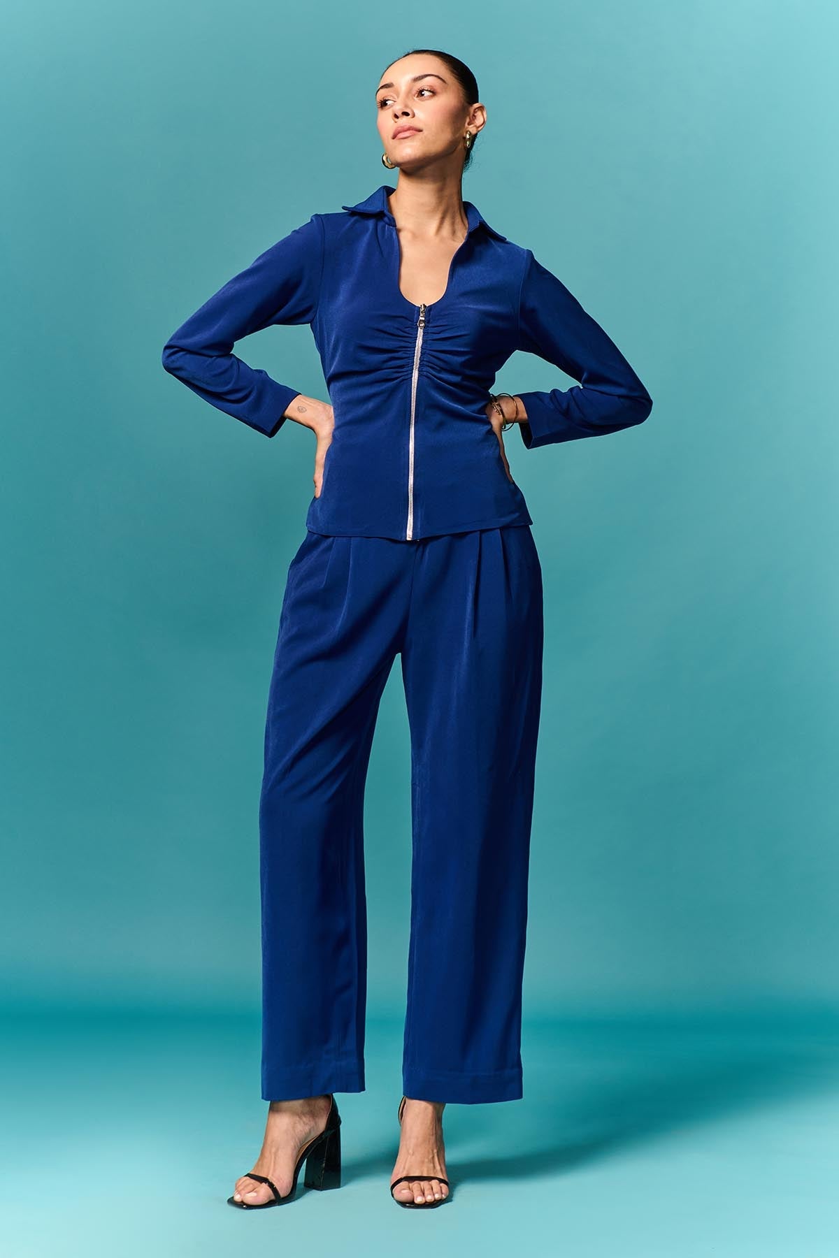 Buy Blue Collar Top & Straight Pants by Emblaze for women online at ScrollnShops