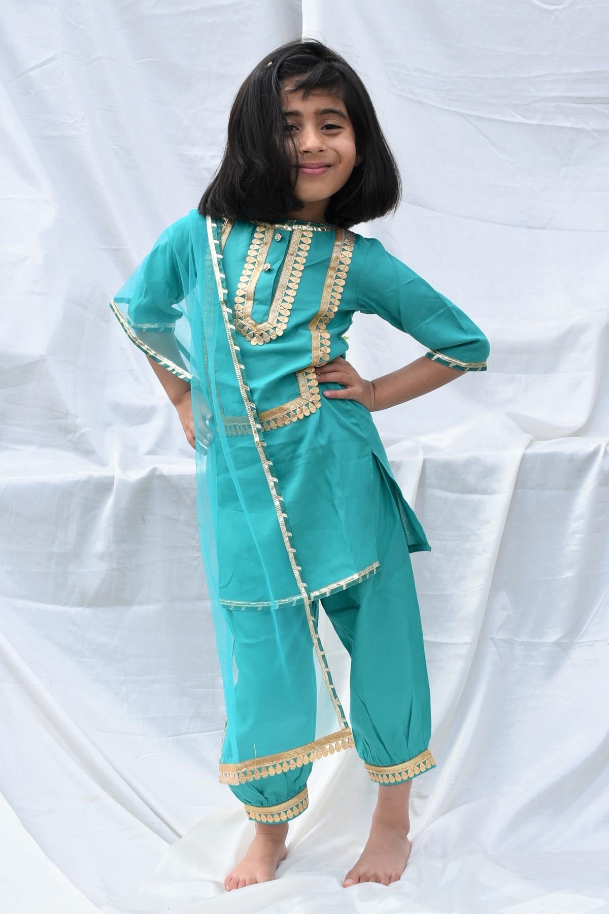 Designer ViYa Blue Contrast Lace Embellished Kurta Set For Kids Available online at ScrollnShops
