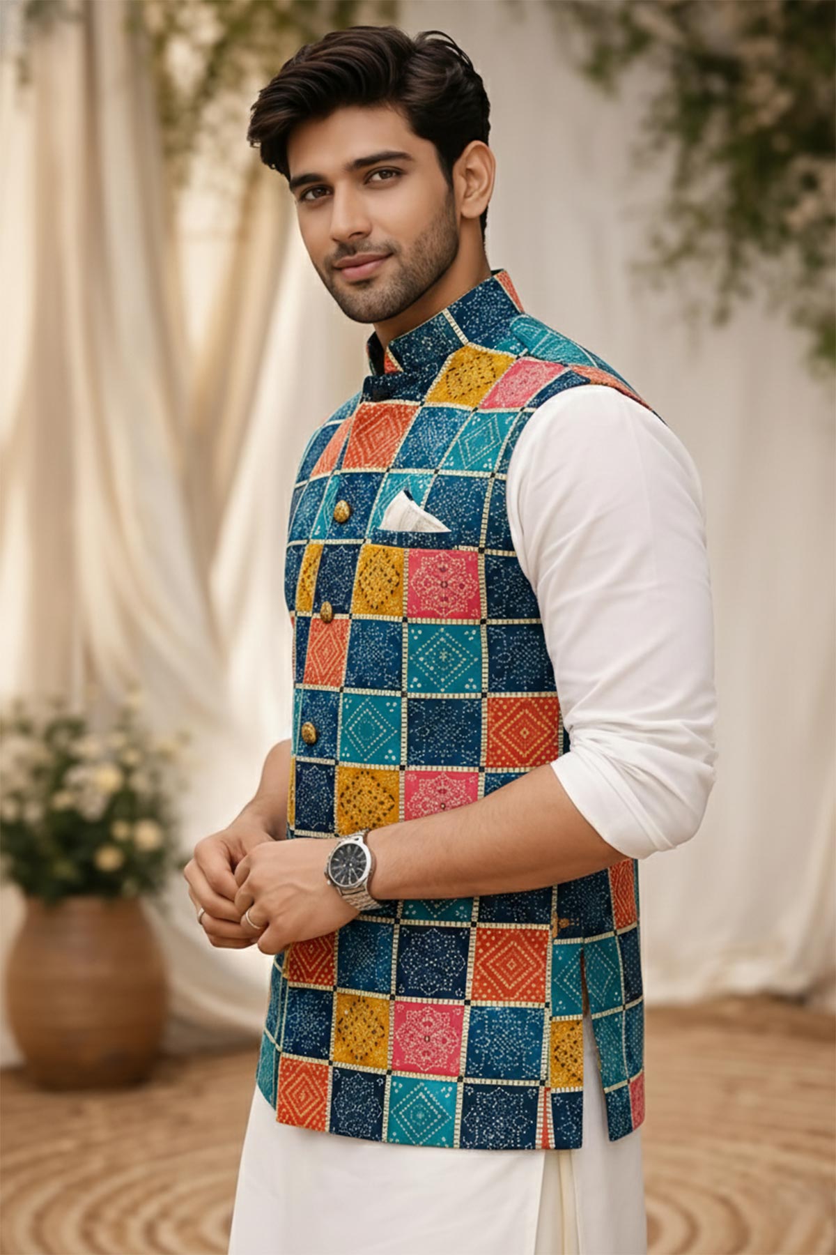Blue Cotton Bandani Print Bundi
