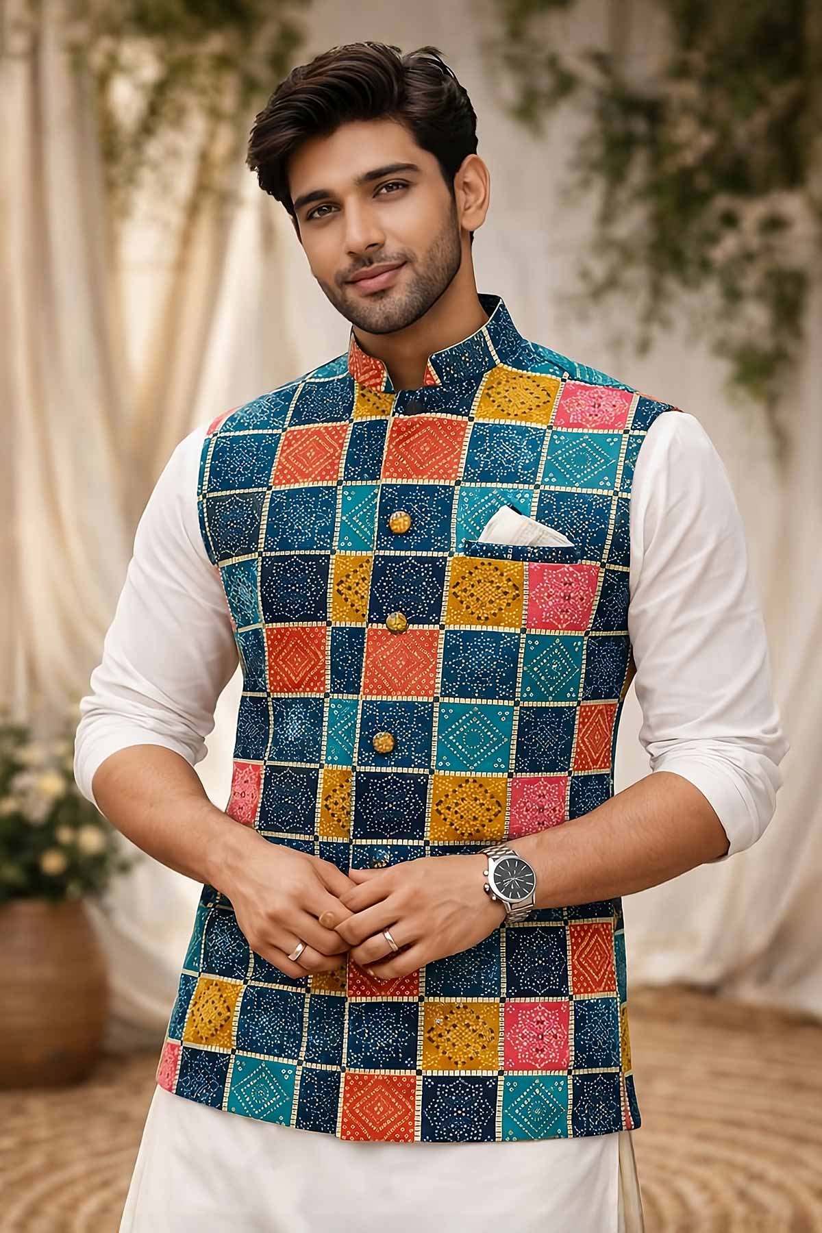 Buy Blue Cotton Bandani Print Bundi for women by Priyanka Jain online available at scrollnshops