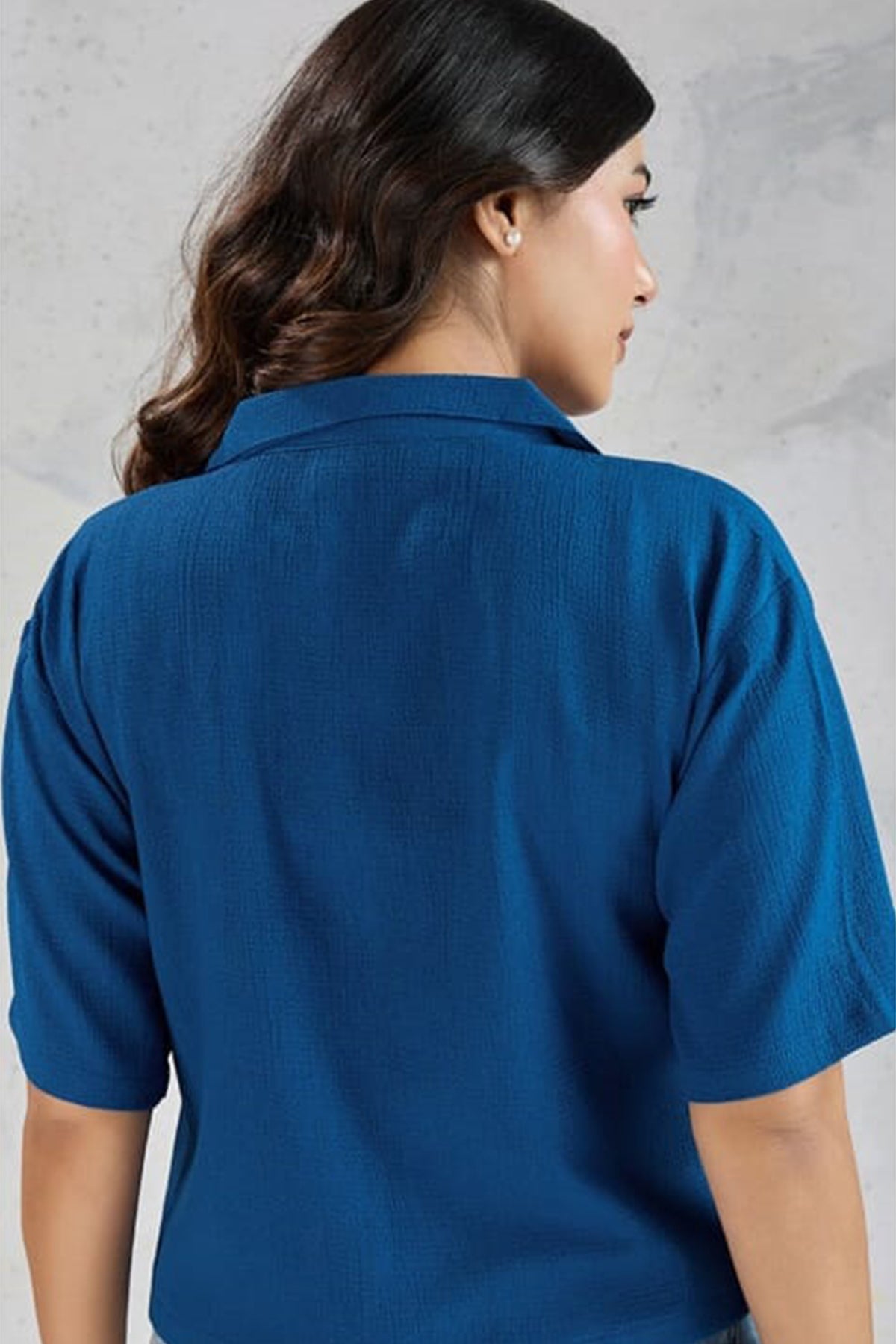Blue Cotton Blend Crop Shirt