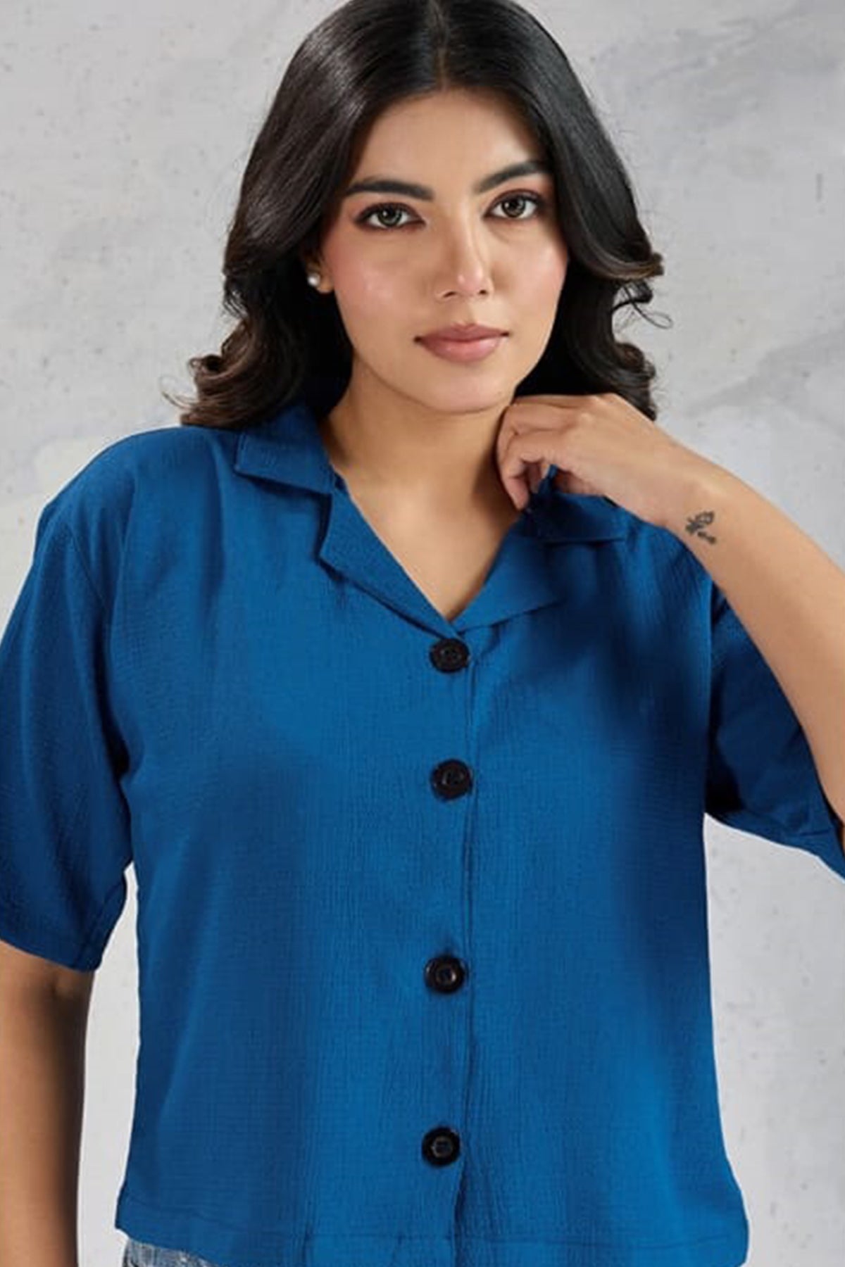 Blue Cotton Blend Crop Shirt
