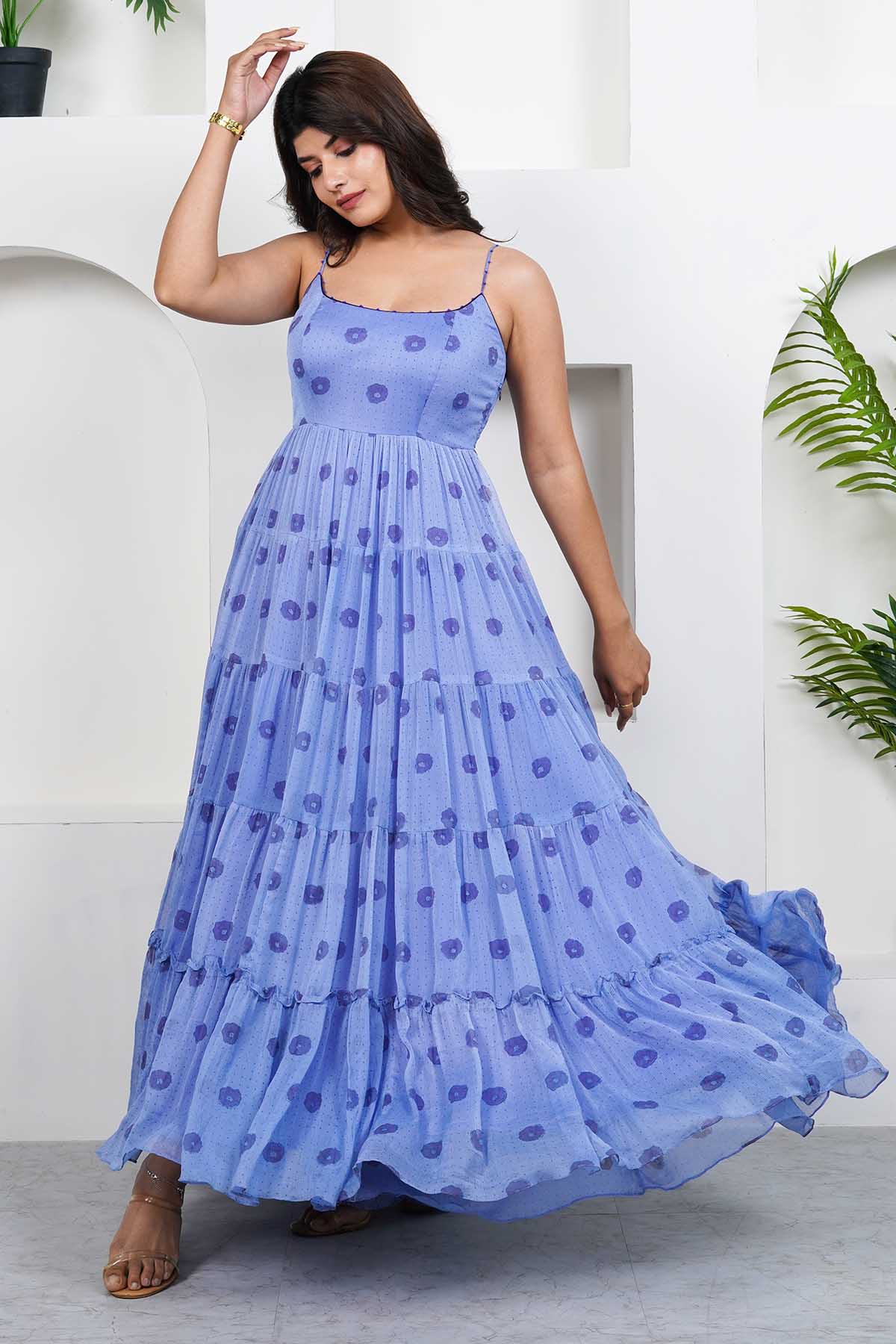 Blue Cotton Chiffon Print Dress