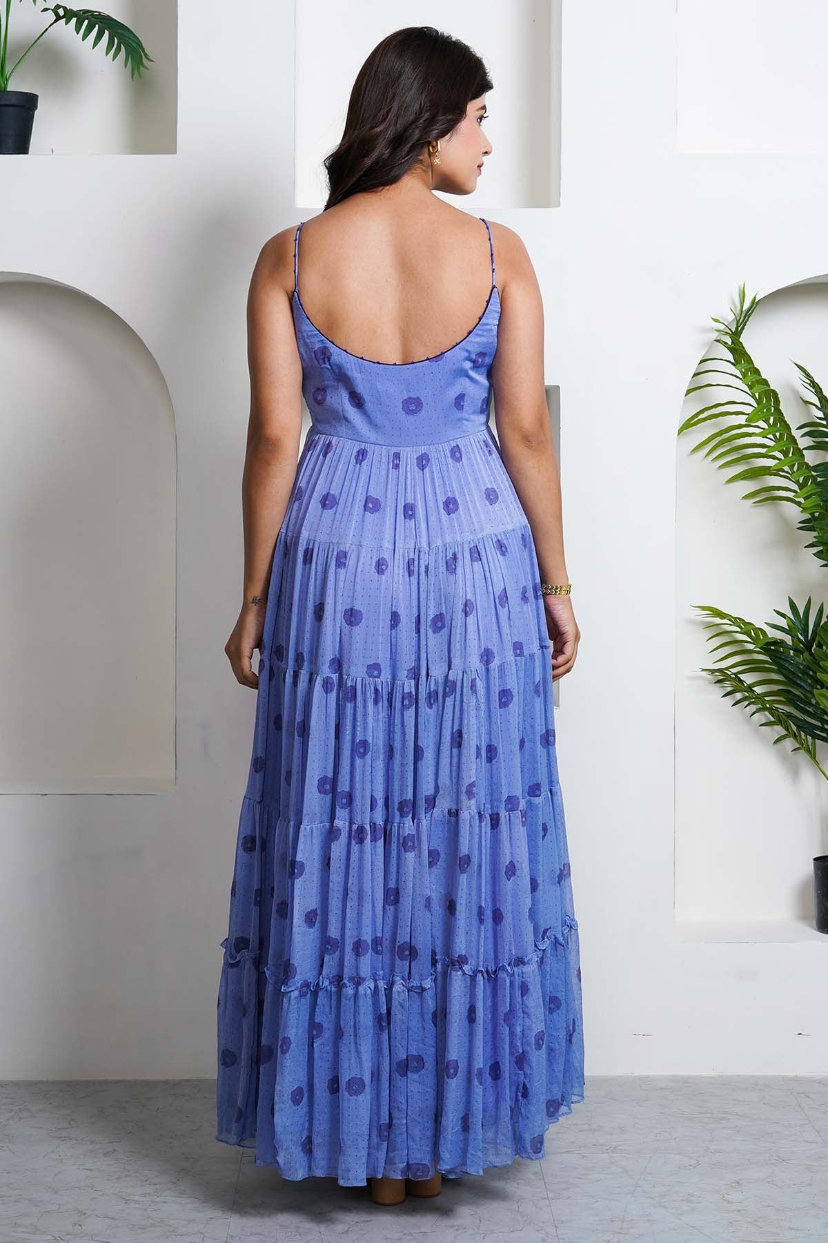 Blue Cotton Chiffon Print Dress