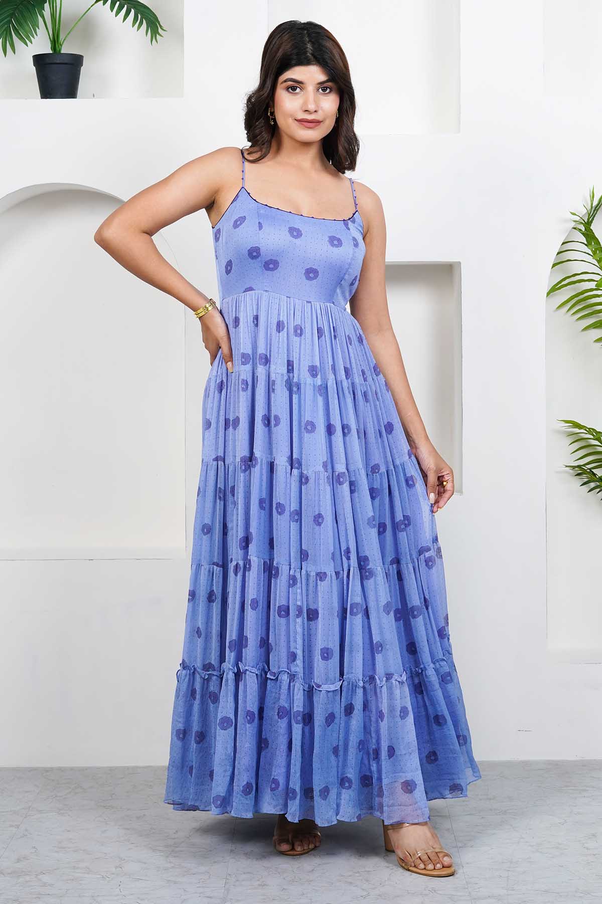 Imrie Blue Cotton Chiffon Print Dress for women online at ScrollnShops