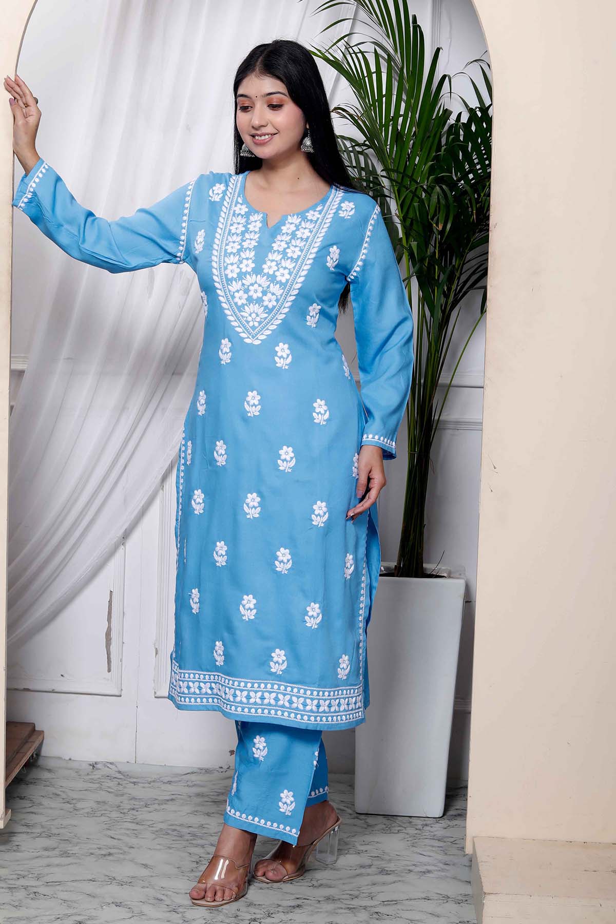 Buy Blue Cotton Chikankari Kurta Set by Miravan for women online at ScrollnShops