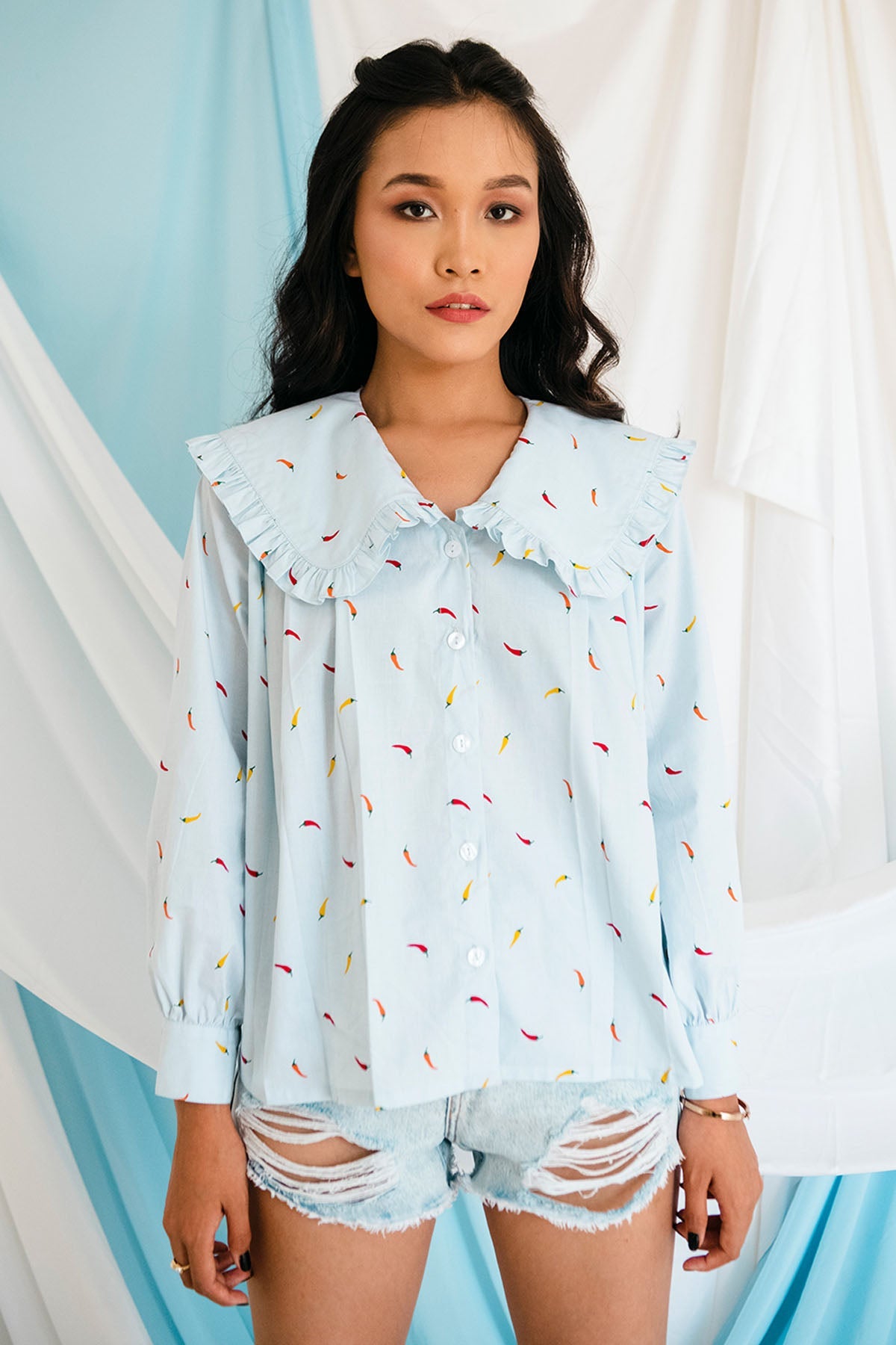 Bohobi Blue Cotton Chilly Print Shirt For Women Online at ScrollnShops