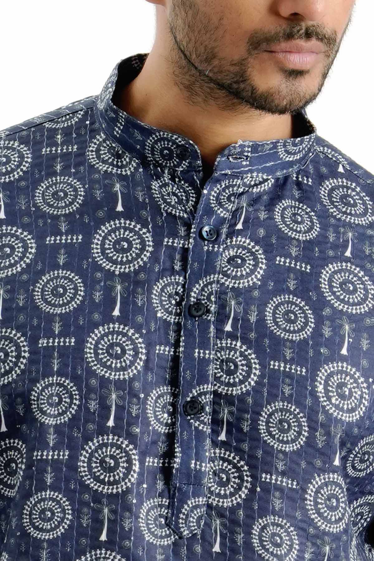 Blue Cotton Crochet Print Kurta