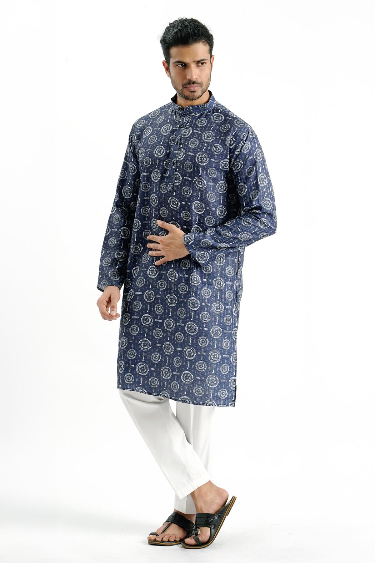 Blue Cotton Crochet Print Kurta