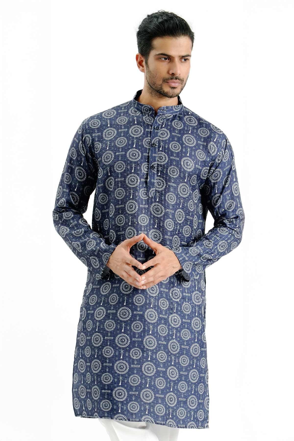 Blue Cotton Crochet Print Kurta