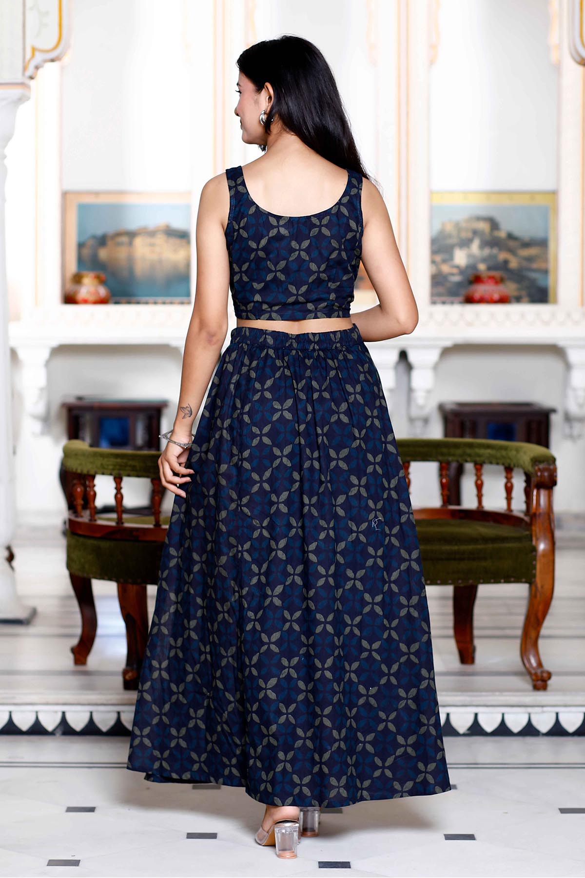 Buy Blue Cotton Crop Top Skirt for Women at ScrollnShops