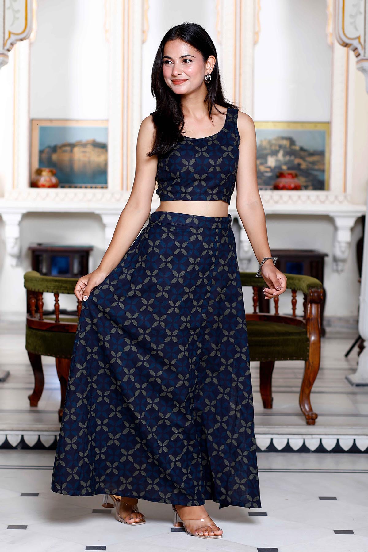 Blue Cotton Crop Top & Skirt