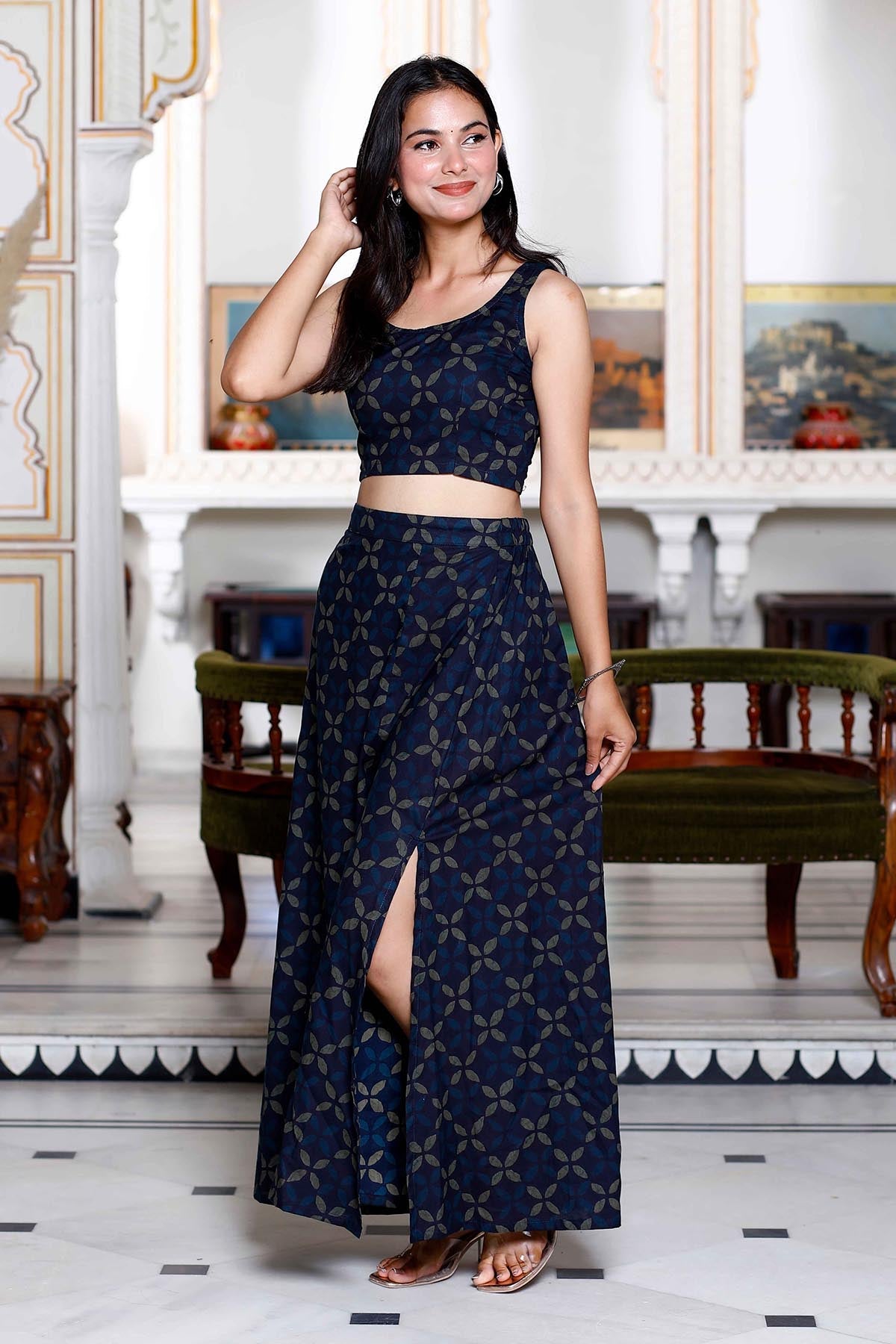 Buy Blue Cotton Crop Top & Skirt by Miravan for women online at ScrollnShops