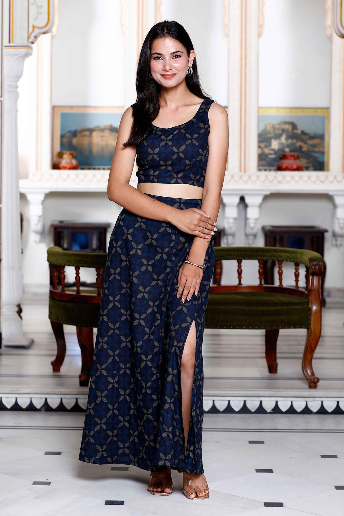 Blue Cotton Crop Top & Skirt