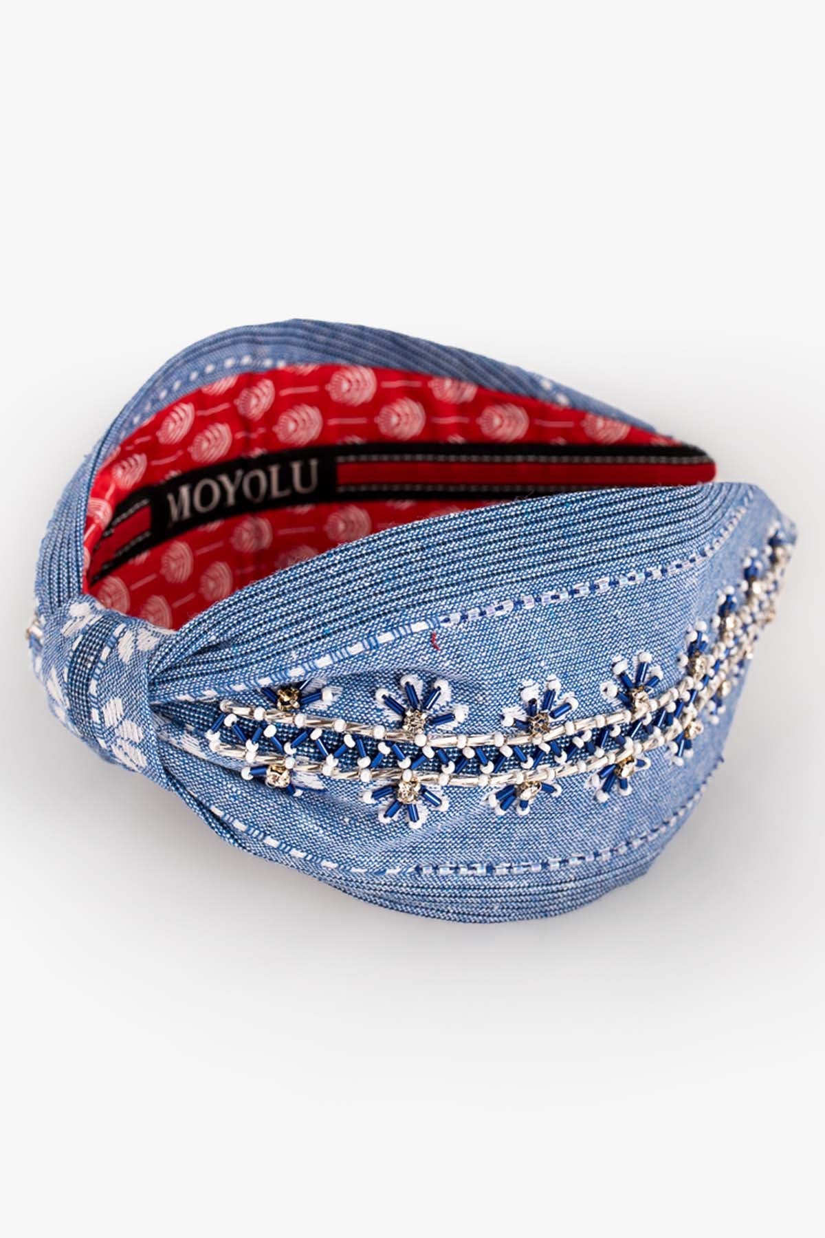 Moyolu Blue Cotton Embellished Headband Accessories online at ScrollnShops