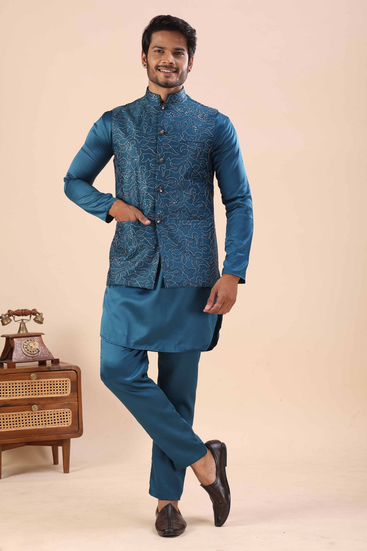 Blue Cotton Embroidered Bundi